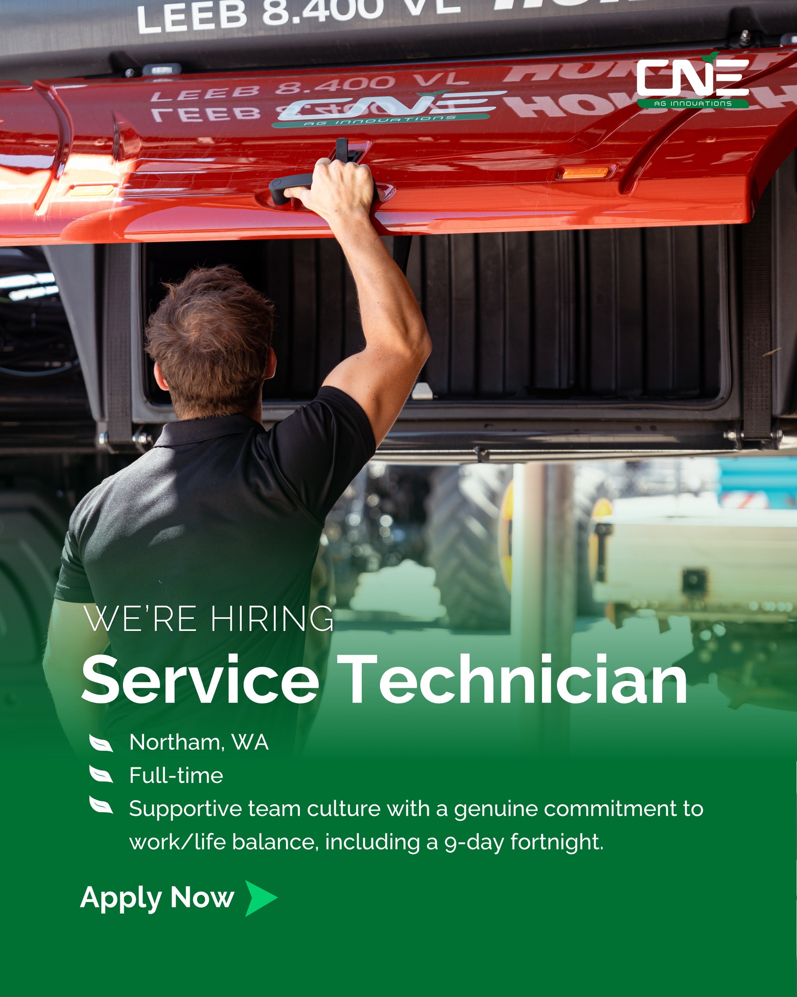 We’re hiring!
CNE Ag is looking for a Service Technician to join our team in Northam, WA.
If you’re a qualified Diesel / Heavy Vehicle Mechanic with experience working on agricultural machinery, and you enjoy diagnosing and solving mechanical, hydraulic and electrical faults, we’d love to hear from you.
✔️ 9-day fortnight
✔️ Family-owned business
✔️ OEM training & upskilling
✔️ Work with leading brands like JCB and Horsch
Ready to take the next step in your ag career?
👉 Apply now via Seek.
#CNEAg #Hiring #JoinOurTeam #NorthamWA #AgCareers
