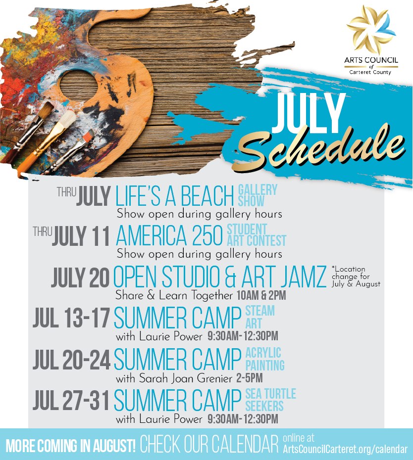 🗓️ It's officially July! 🎆🇺🇸
Mark your calendars for these upcoming events!
For more information and registrations, visit ArtsCouncilCarteret.org/calendar 🖥️
#artscouncil #getinvolved #artworkshops #createtogether #artstudio #shareyourart #galleryshow
