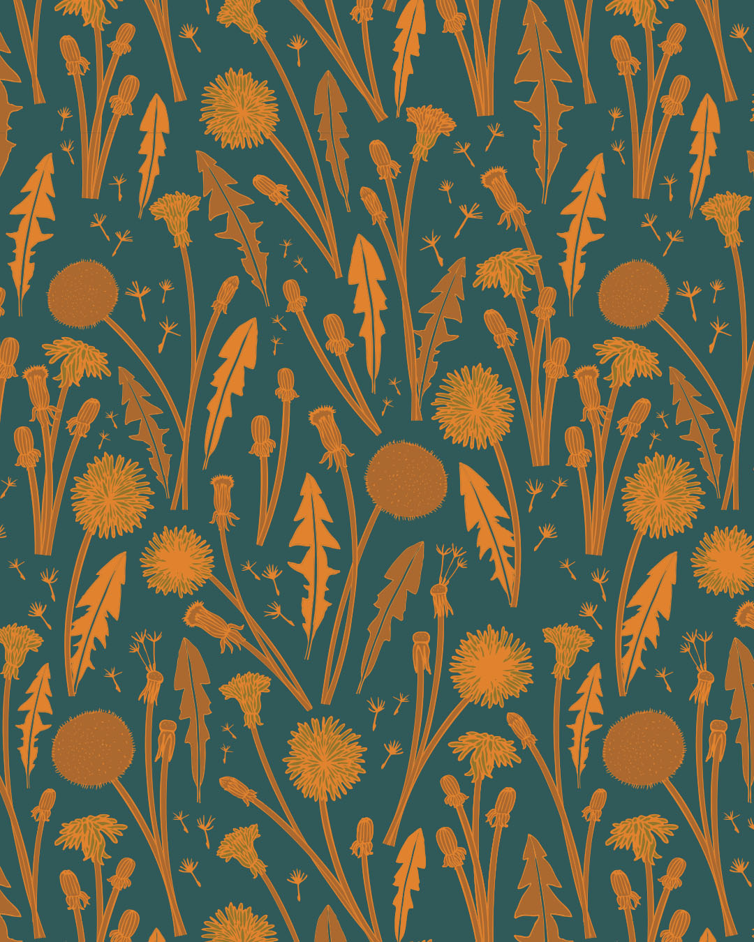 Although as a gardener I don’t love having a yard full of dandelions, I do have a bit of an affinity for them. I really enjoy how they look so different from one stage to the next throughout their lives. So much fun to draw! They’re also just so common and prolific in my childhood memories. I remember picking bouquets of them from empty lots in town, and hunting for perfectly intact spheres of their seeds that I could blow away and make wishes on.
I've always loved orange and blue together, and the way the orange almost glows in this pattern makes me really happy :)
