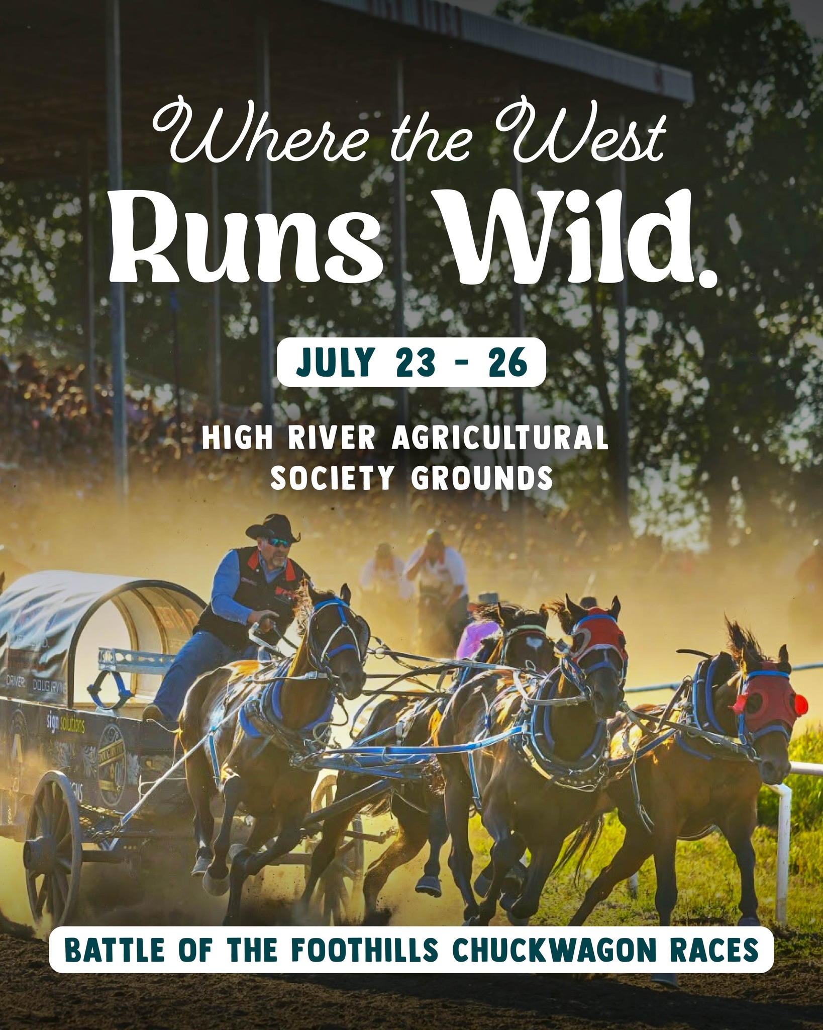 Four days. Four nights. Pure western thunder. 🐴
The Battle of the Foothills Chuckwagon Races hits High River July 23–26 — four days of speed, skill, and western heritage at its absolute best.