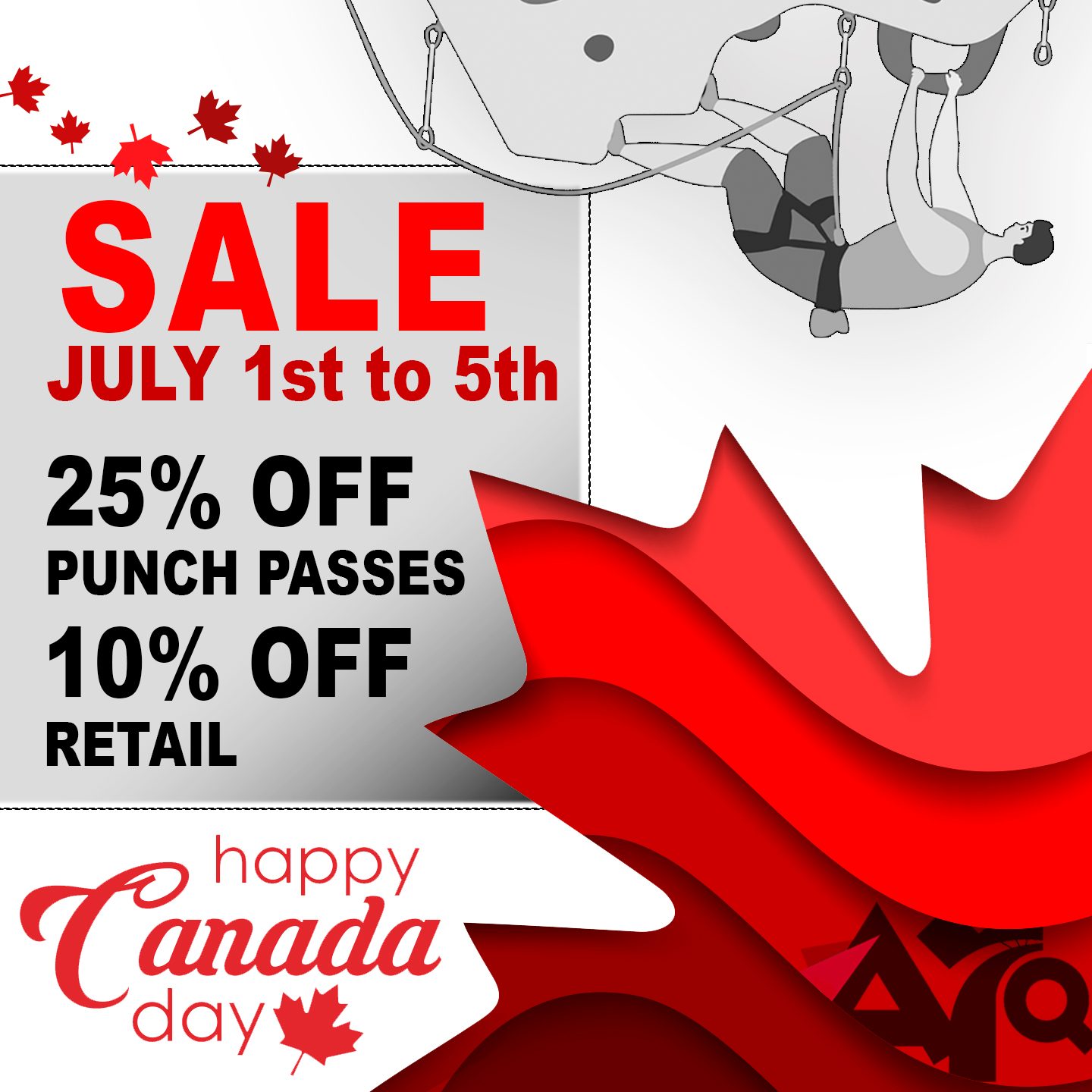 🇨🇦 Celebrate Canada Day at Arq! 🇨🇦
We're celebrating Canada Day with a sale that's too good to miss!
July 1st–5th:
🔥 25% OFF all Punch Passes
🛍️ 10% OFF all Retail
PURCHASE ONLINE HERE: https://climbarq.portal.approach.app/pass-types
USE CODE: CANDAY26
Whether you're looking to try climbing for the first time, pick up some new gear, or grab a punch pass for your next adventure, now's the perfect time to stop by.
Escape the summer heat, challenge yourself on the wall, and experience everything Arq has to offer—from bouldering and rope climbing, board climbing and fitness, to our dedicated kids' area and an incredible community that welcomes everyone.
The best part? You have five days to take advantage of these deals!