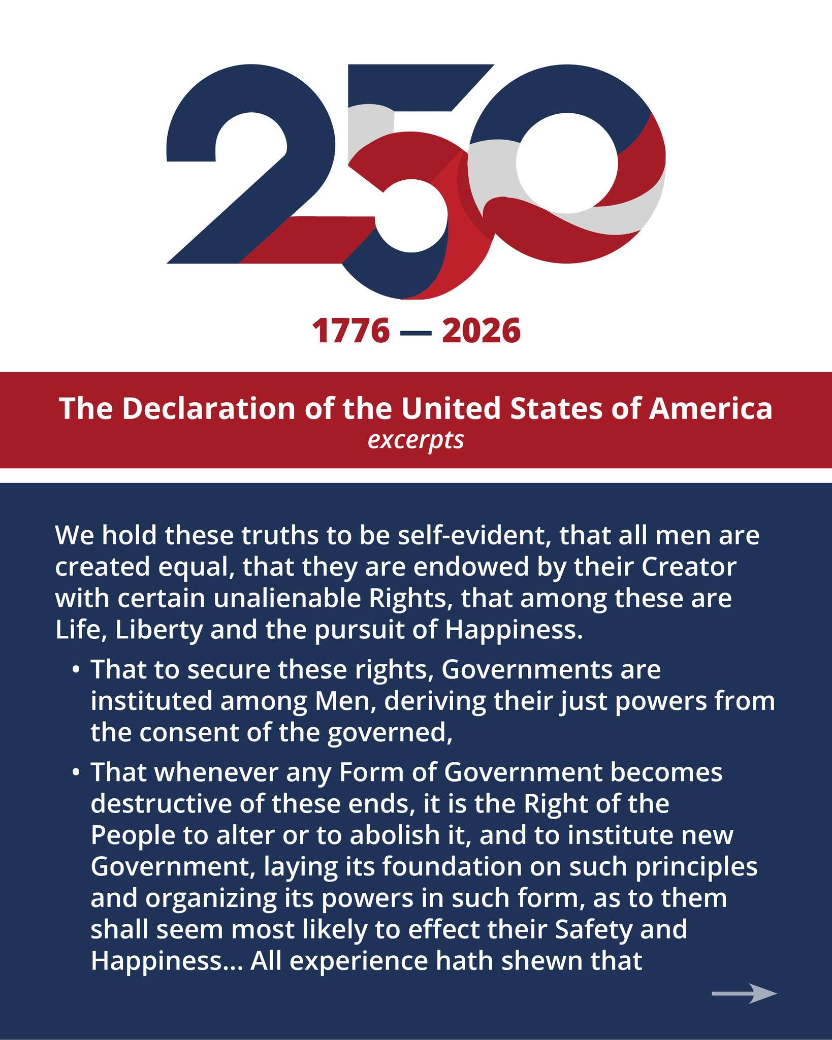 Here is an important reminder of what occurred 250 years ago, in the brave words of our Founding Fathers. (Yes, it's a lot of words, but it's worth the read.)
Read the full Declaration of Independence at the National Archives.
#america250