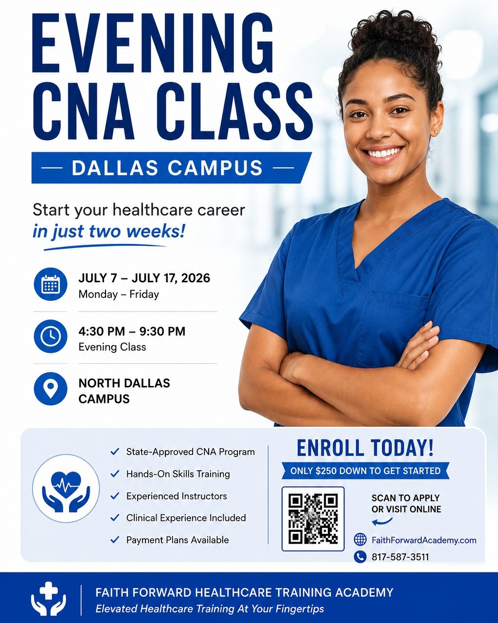 DALLAS—IT'S NOT TOO LATE TO START YOUR CNA JOURNEY.
There's still time to enroll in our Evening CNA Class at our Dallas/Richardson campus!
📍 Dallas / Richardson Campus
📅 Starts July 7th
🕟 Monday–Friday | 4:30 PM–9:30 PM
If you've been waiting for a class that fits around your daytime schedule, this is it. Whether you're working, raising a family, or making a career change, our evening program was designed with you in mind.
✔ Hands-on training
✔ Experienced instructors
✔ State exam preparation
✔ Career-focused education
Don't let this opportunity pass you by. Your future in healthcare could begin next week.
📞 (817) 587-3511
🌐 faithforwardacademy.com
📩 DM us today to reserve your seat.
#DallasTX #RichardsonTX #EveningCNA #CNAProgram #HealthcareCareer #FutureCNA #HealthcareTraining #CareerChange #DFWHealthcare #EnrollNow #FaithForwardAcademy