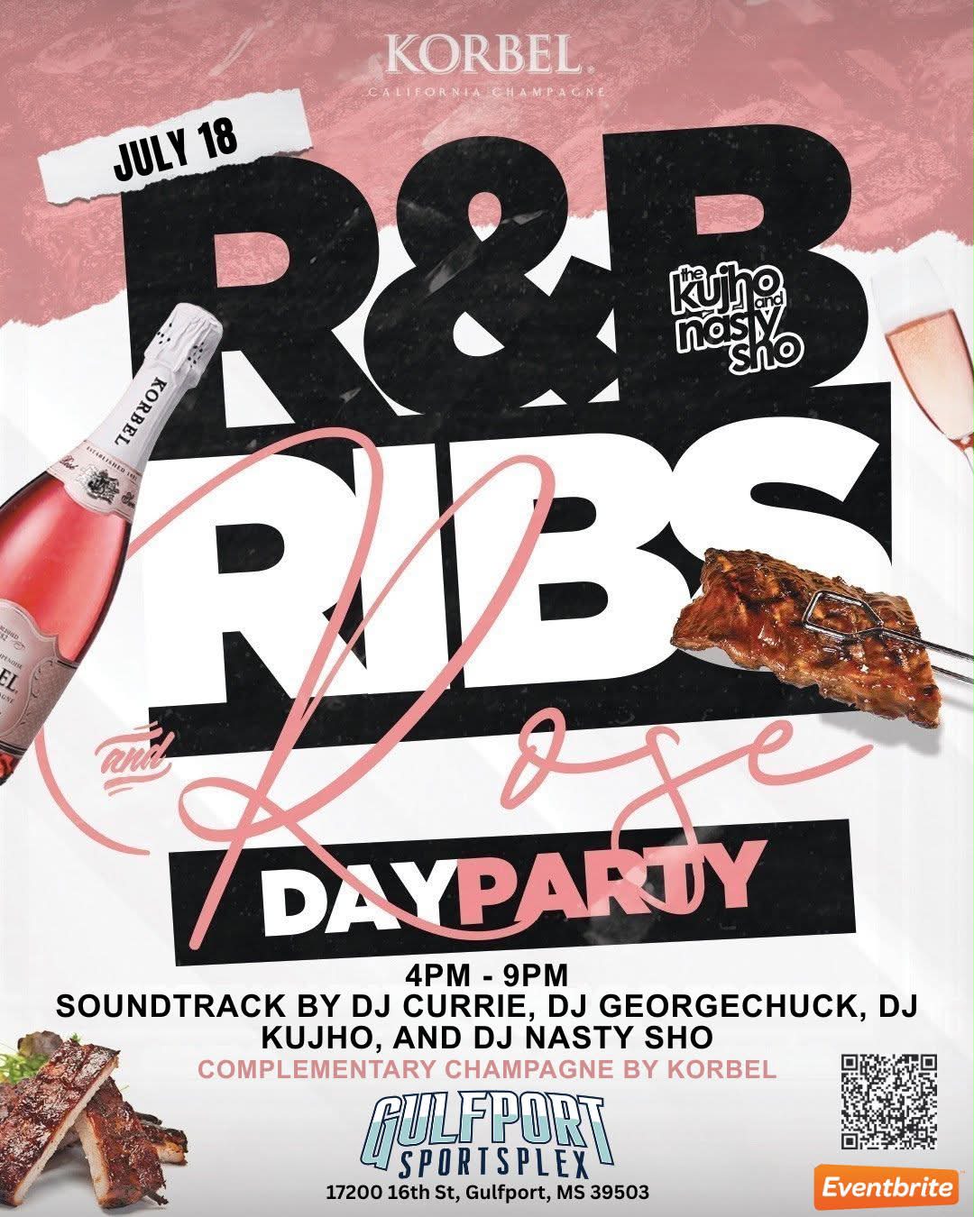 Tag a friend, July 18 we right across from the Waterpark at the Gulfport Sportsplex. Rnb Vibes, Complement Rosé Courtesy of Korbel, And Ribs by Eddie Wright BBQ-Food Truck. Baked with Love, LLC on the sweet treats $50 Vendor Spots Text 601-345-1725 Early bird Tickets end this Weekend
Rnbribsandrosegpt.eventbrite.com