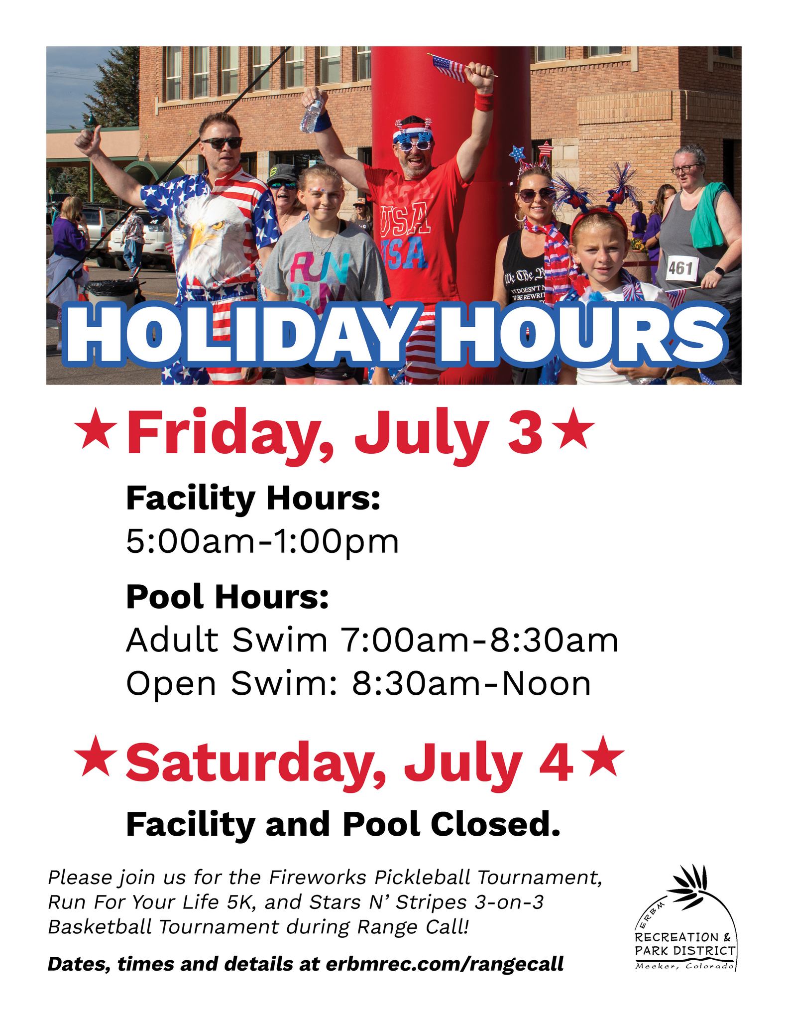 Don't forget MRC closes early tomorrow and will be closed through Saturday! Staff will be putting on the pickleball tournament, 5K, and basketball tournament over the weekend. Join the fun! erbmrec.com/rangecall