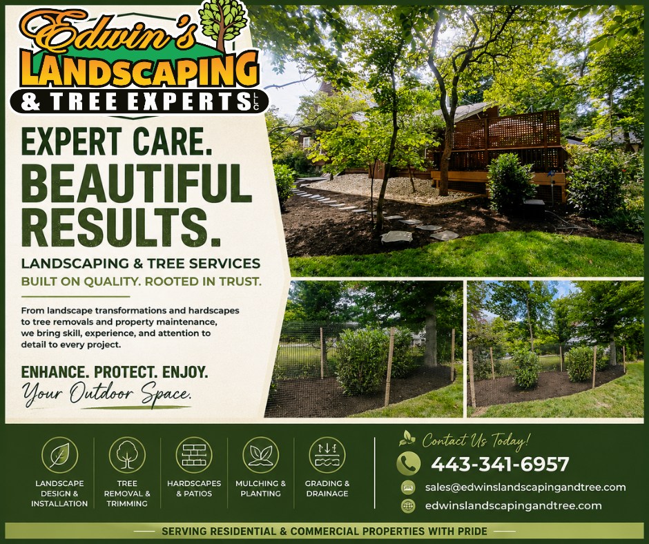 A beautiful landscape doesn't happen by chance; it takes planning, craftsmanship, and attention to every detail.
From fresh mulch and clean bed edges to decorative stone, stepping stone walkways, shrub care, and complete landscape makeovers, we're proud to create outdoor spaces our customers can enjoy for years to come.
If your property is ready for a refresh, Edwin's Landscaping & Tree Experts is here to help. Contact us today for a free estimate and let's bring your vision to life!
📞 443-341-6957
🌐 edwinslandscapingandtree.com
📧 sales@edwinslandscapingandtree.com
#edwinslandscapingandtreeexperts #LandscapeDesign #Mulching #LandscapeTransformation #TreeExperts #Hardscaping #CurbAppeal #MarylandLandscaping #OutdoorLiving