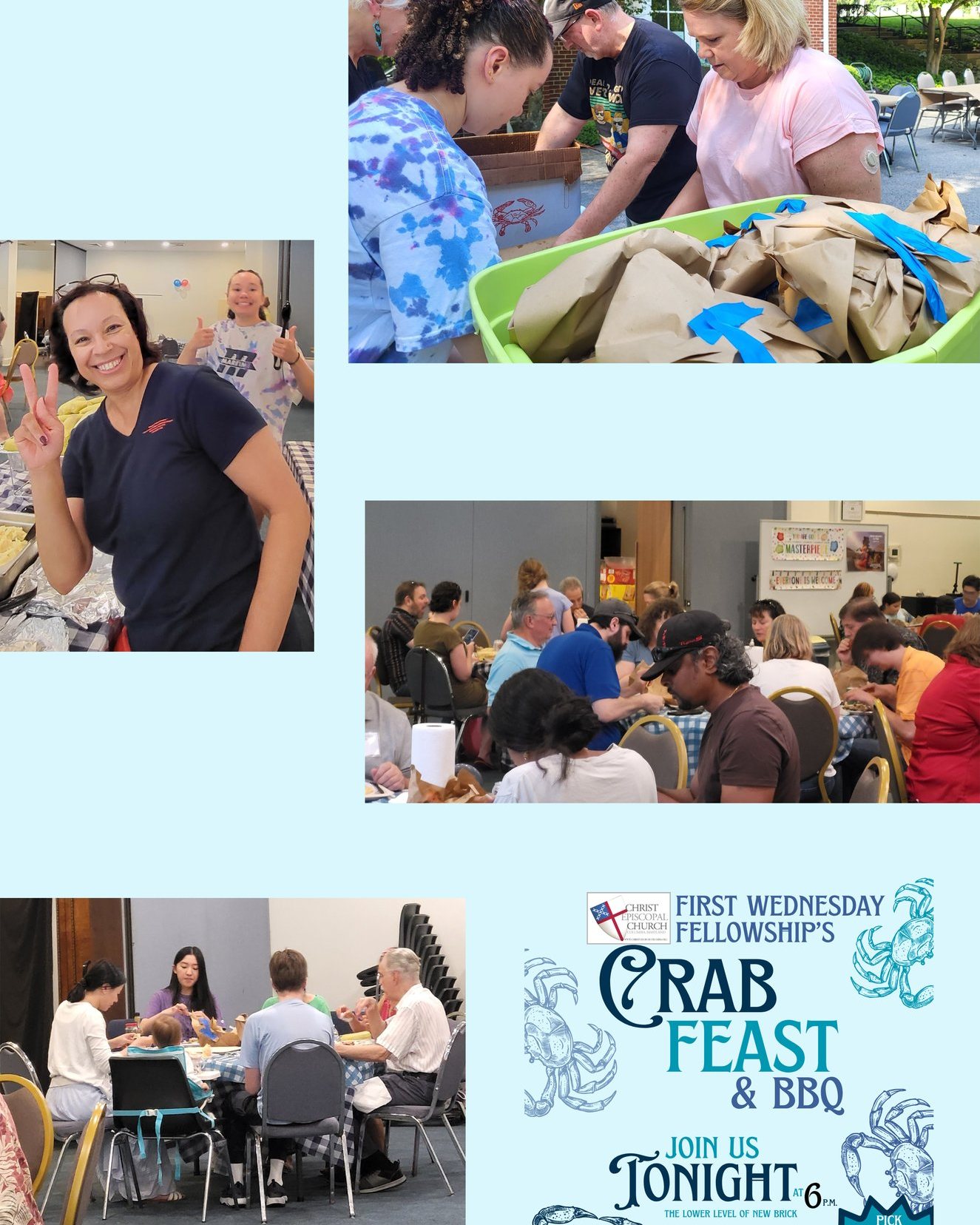 One of the hallmarks of every summer at Christ Church is our annual Crab Feast. We begin by piling bushels of crabs onto paper tablecloths, grab a stack of napkins, and prepare to get MESSY. And it is worth every bit of the mess. Add some tasty barbecue for those choosing to skip the shellfish, and you have the makings of a fantastic feast, indeed.
Though the midsummer heat wave tried its best to wilt the day's spirits, the warmth indoors was entirely generated by fellowship. Sheltered from the sun, friends old and new shared in shell-cracking with a mindful eye on the church carpets - no Old Bay stains in the Great Hall!
It was an evening defined by gratitude—not just for the incredible food, but for the dedicated hands that set up, served, and swept away the remnants of another successful First Wednesday Fellowship.
The full collages are on our website - https://www.christchurchcolumbia.org/post/fwf-crab-feast-was-a-messy-old-bay-seasoned-success
#fellowship #fwf #episcomd #episcopalchurchwelcomesyou #episcopalchurch #oldbay #crab #crabfeast