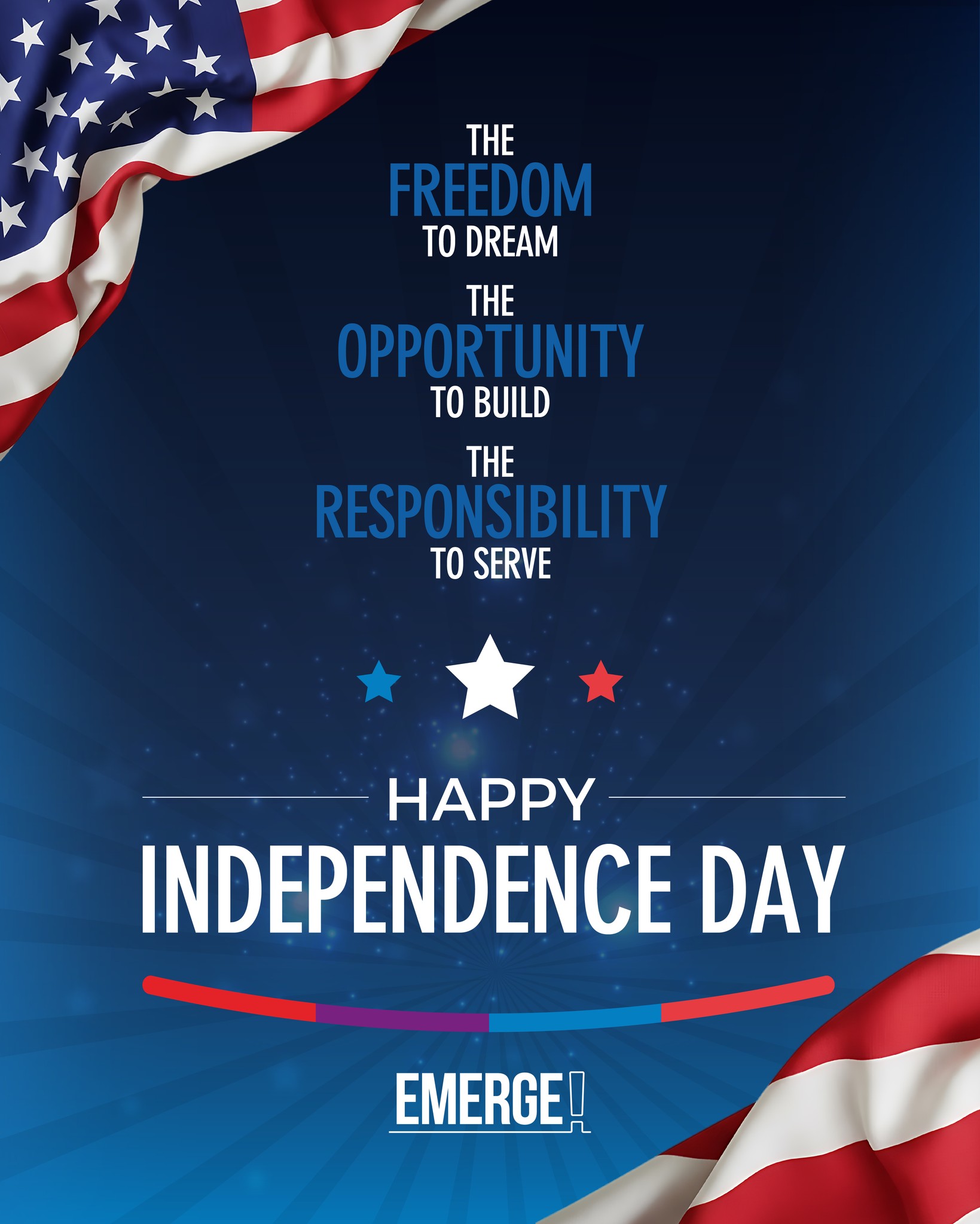 Independence Day is a celebration of freedom, but it's also a reminder of what we choose to do with it.
Every day, we're given the opportunity to build something bigger than ourselves. That's a responsibility we never take for granted.
Today, we're grateful for the freedom to pursue a purpose that extends far beyond our restaurants. One that invests in people, believes in potential, and strives to leave a legacy that impacts generations.
To every team member, leader, partner, and family who is part of this journey, thank you for helping build something that matters.
Storm Riders, wishing you a safe, meaningful, and happy Independence Day!
#July4th #IndependenceDay #EmergeInc #StormRiders #EmergeTogether #PeopleFirst #LegacyBuilding #CommunityImpact #NextGeneration #FreedomToBuild #LeadershipJourney