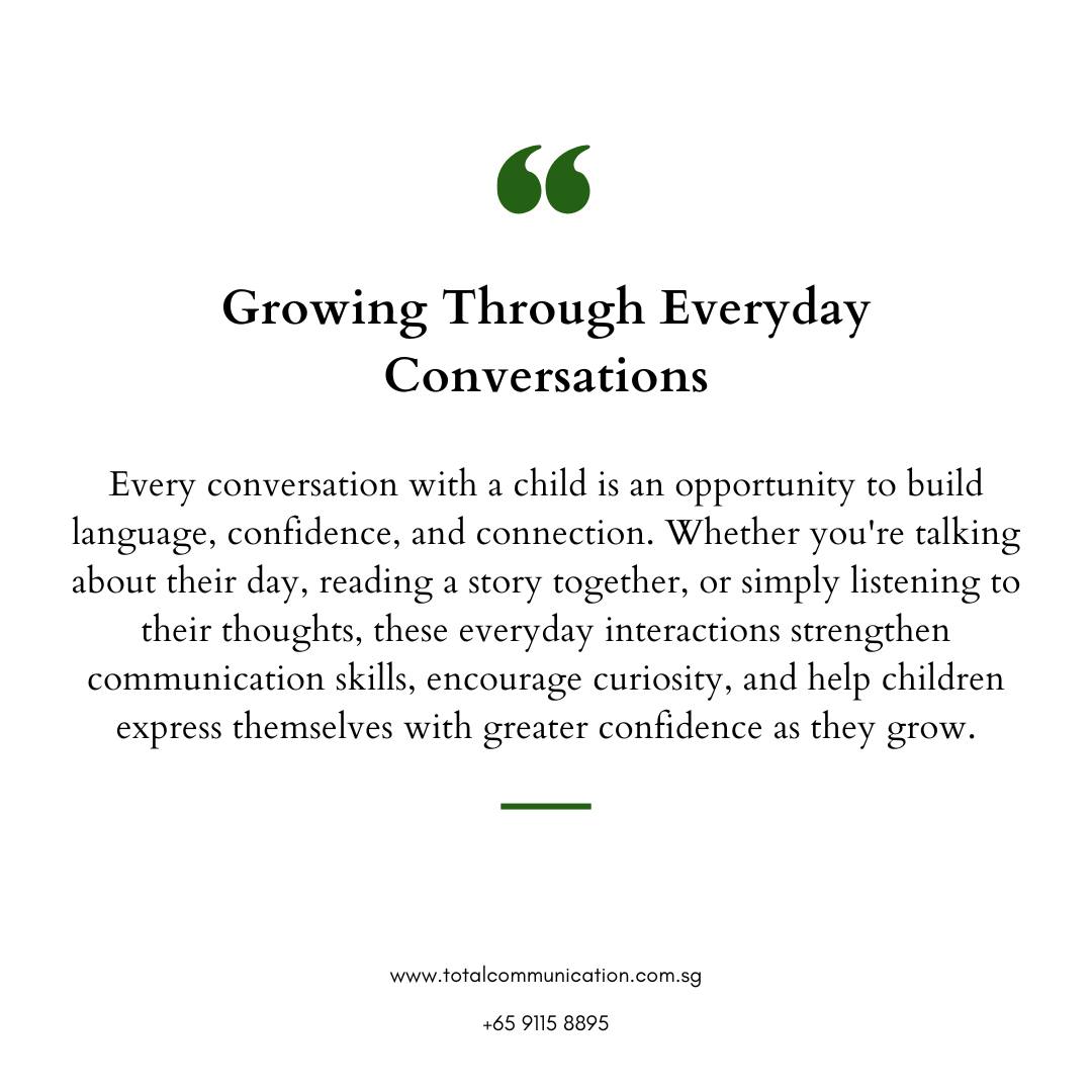Growing Through Everyday Conversations
Every conversation with a child is an opportunity to build language, confidence, and connection. Whether you're talking about their day, reading a story together, or simply listening to their thoughts, these everyday interactions strengthen communication skills, encourage curiosity, and help children express themselves with greater confidence as they grow.
📩 Connect with Total Communication Singapore to support your child’s communication, learning, and developmental journey.
#CommunicationSkills #ChildDevelopment #LanguageDevelopment #EarlyIntervention #ParentingSupport