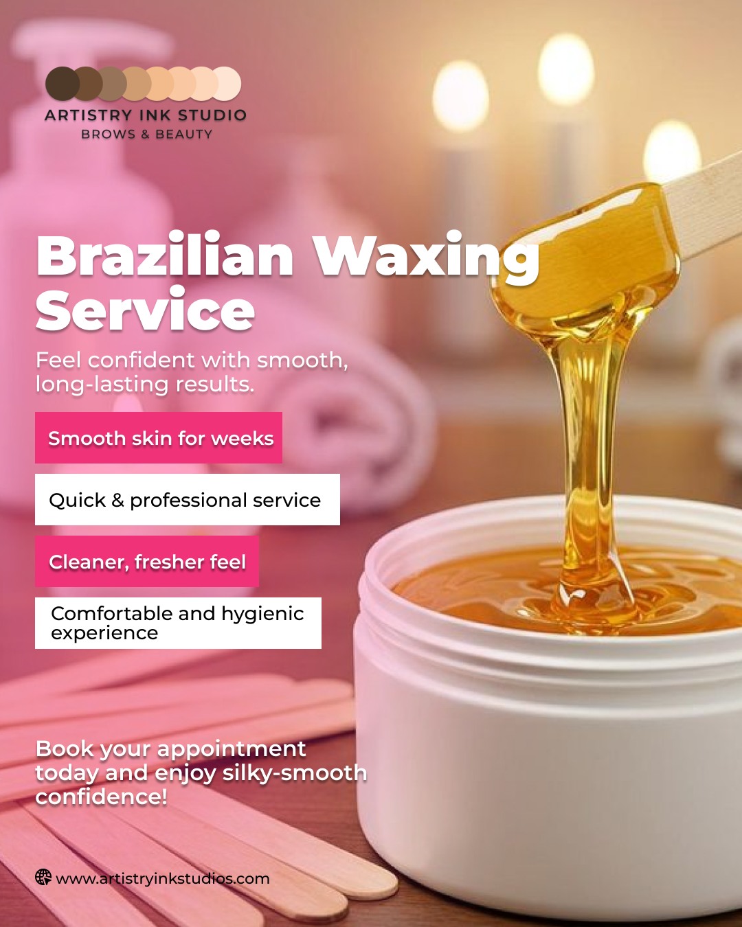 Smooth, clean, confident, and it lasts for weeks.
There's something about a fresh Brazilian that just makes you feel put together from the inside out. No stubble. No irritation. Just silky-smooth skin and that "I just treated myself" feeling.
At Artistry Ink Studio, our Brazilian waxing service is quick, professional, and done in a completely comfortable, hygienic space because how you feel during your appointment matters just as much as the results after.
You deserve a service that's thorough, respectful, and leaves you feeling your absolute best. 🤍
📍 Artistry Ink Studio — Brows & Beauty, Raleigh NC
📩 Book your appointment today — link in bio
#artistryinkstudio #brazilianwax #waxingservice #smoothskin #brazilianwaxing #raleighwaxing #raleighnc #raleighbeauty #femaleowned #bodycare #silkyskin #waxingday #professionalwaxing #hygienicservice #confidenceboost #selfcare #browsandbeauty #beautystudio #smoothforweeks #booknow