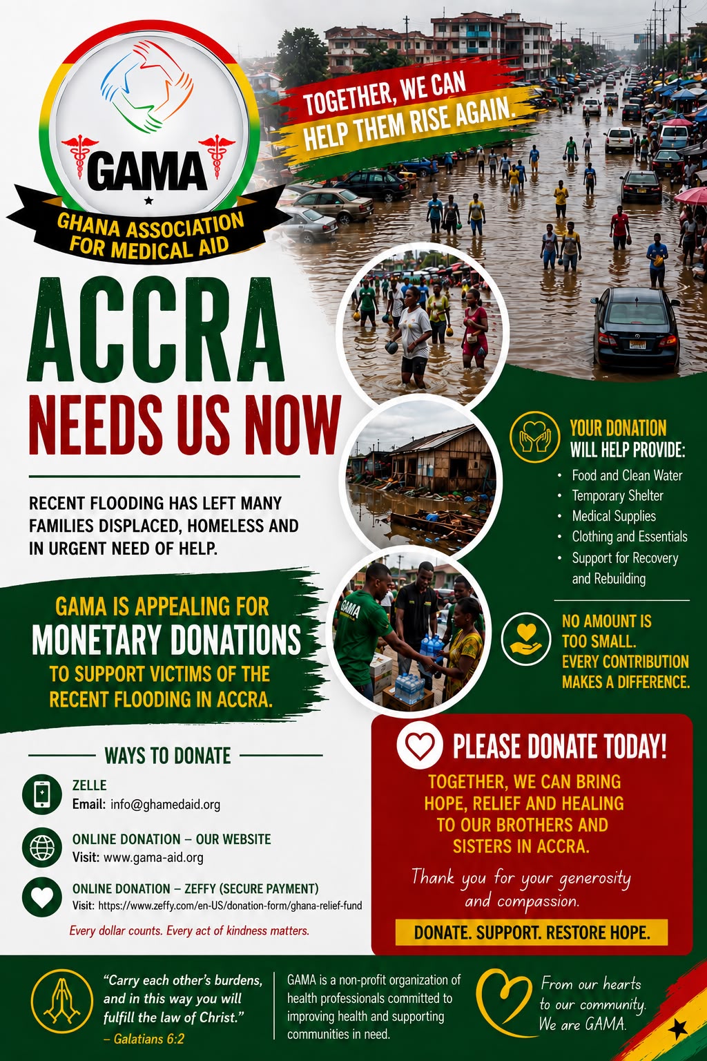GAMA is asking for your monetary donation to bring hope, relief and healing to our brothers and sisters that fell victim to the recent flooding in Accra. 🇬🇭🙏🏾💧Thank you in advance!
