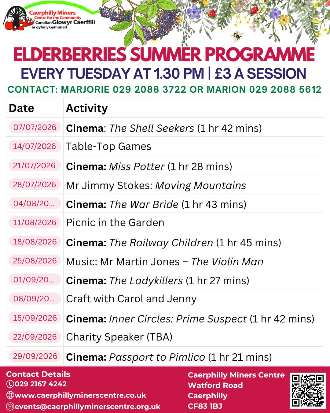 ☀️ The Elderberries Summer Programme is here!
Join us throughout the summer for a wonderful programme of films, games, music, crafts, guest speakers and a picnic in the garden. It's a great opportunity to meet new people, enjoy a variety of activities, and spend time together in a friendly, welcoming environment.
---
☀️ Mae Rhaglen Haf Yr Aeron Aeddfed yma!
Ymunwch â ni dros yr haf am raglen wych o ffilmiau, gemau, cerddoriaeth, crefftau, siaradwyr gwadd a phicnic yn yr ardd. Mae'n gyfle gwych i gwrdd â phobl newydd, mwynhau amrywiaeth o weithgareddau a threulio amser gyda'ch gilydd mewn awyrgylch cyfeillgar a chroesawgar.