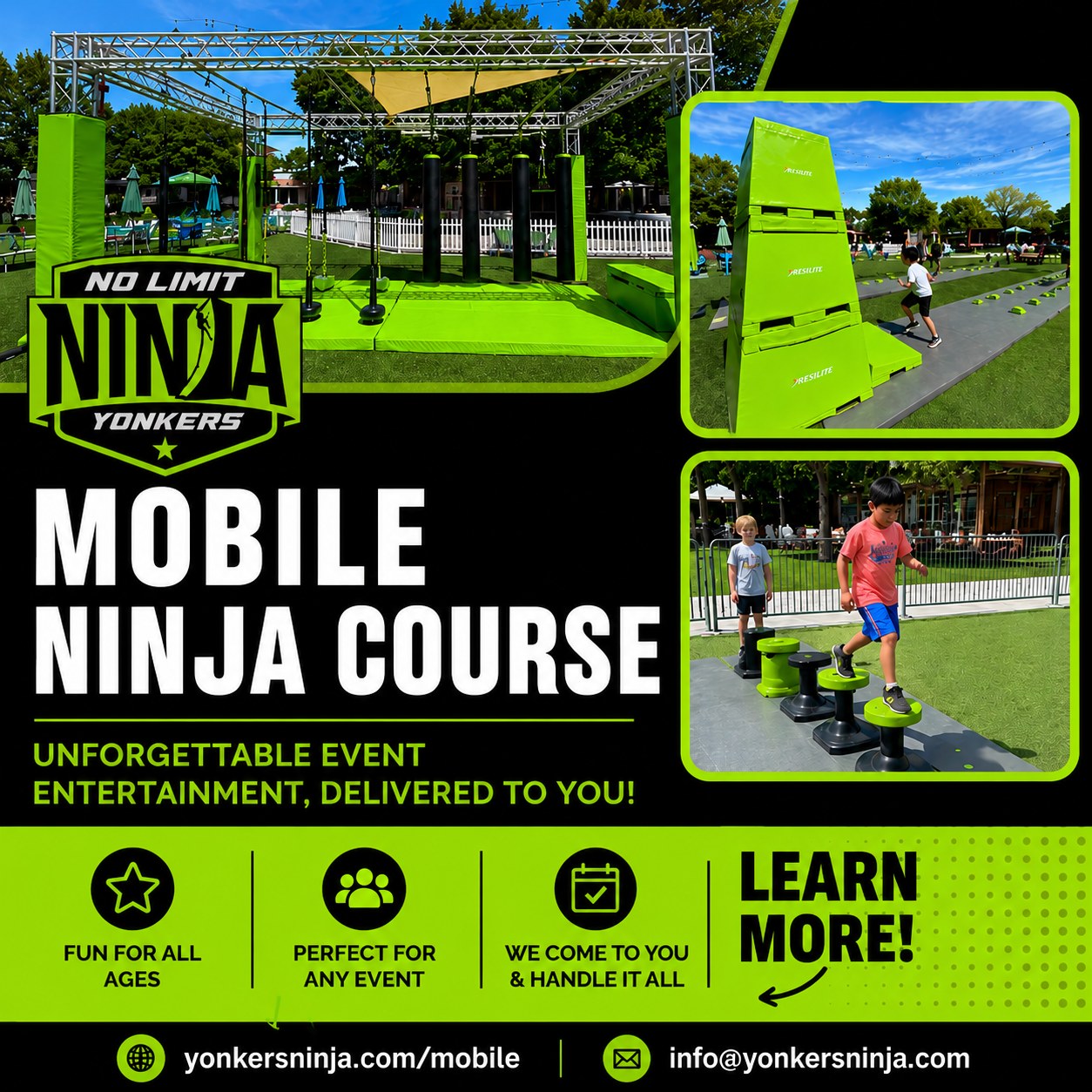 Bring the Challenge to Your Next Event. 💪
Turn your next event into an experience participants won't stop talking about.
The No Limit Ninja Yonkers Mobile Ninja Course brings the obstacles, certified coaches and excitement directly to your location.
Perfect for:
✔️ Summer camps
✔️ Parks & recreation programs
✔️ Community events
✔️ Festivals
✔️ Schools
✔️ Corporate team-building
Ready to bring the challenge to your event?
🔗 Link in bio or visit yonkersninja.com/mobile
#NoLimitNinjaYonkers #MobileNinja #YonkersNY #WestchesterNY #SummerCamp #SchoolEvents #FieldDay #CommunityEvents #FestivalFun #TeamBuilding #ParksAndRecreation #ObstacleCourse