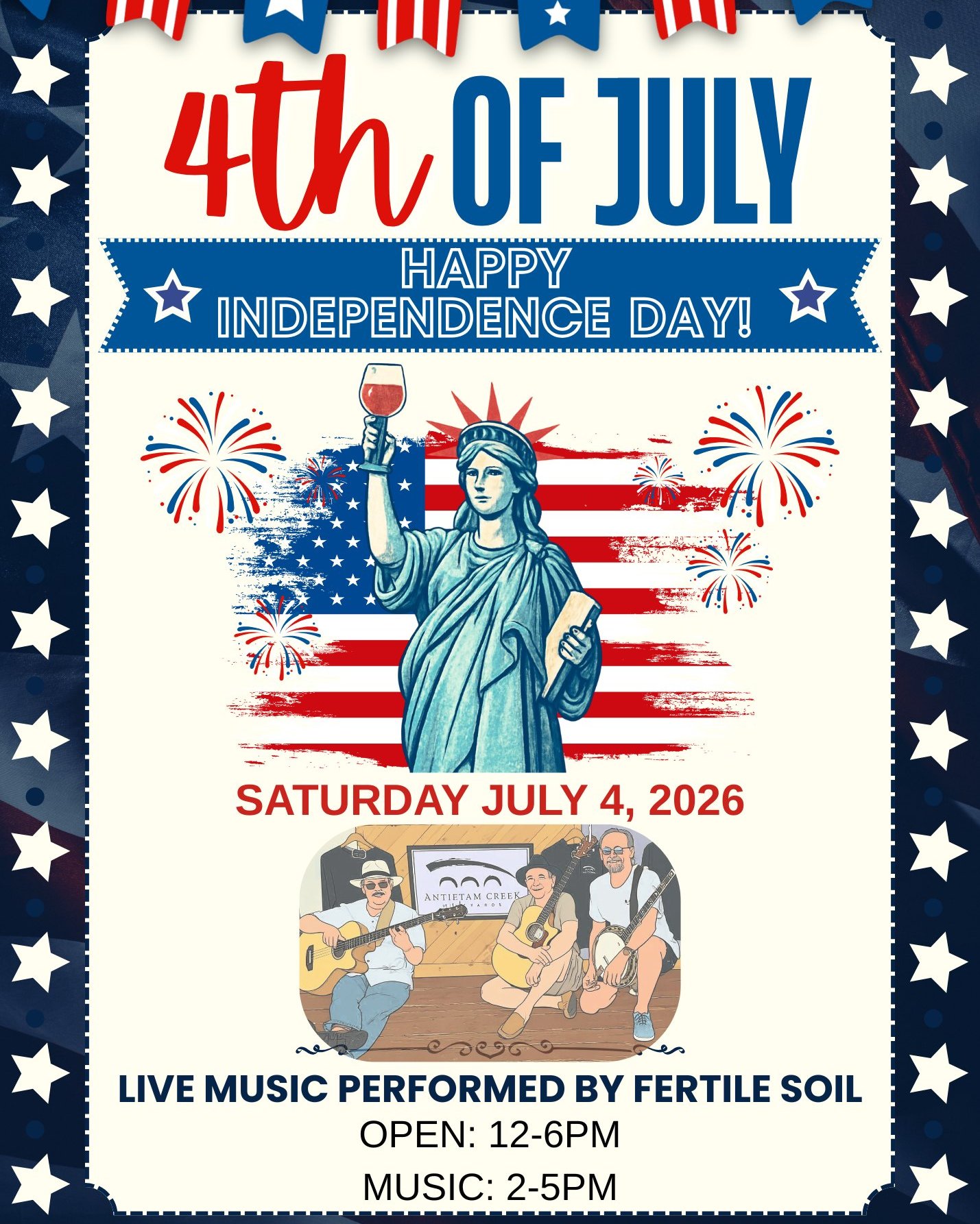 Happy Independence Day!
As we celebrate our nation’s 250th year of freedom, let us not forget to honor the courageous men and women dedicated to preserving it.
We hope you will join us for a day of family, friends, fun, Fertile soil and freedom. Feel free to bring your own picnic and grab your spot on the lawn, in the barn, or the pavilion.
#4thofjuly #4thofjulyweekend #america250 #america250th #IndependenceDay #wineoclock #winelovers #LiveMusicLovers #livemusicrocks #LiveMusicVibes #winerylife