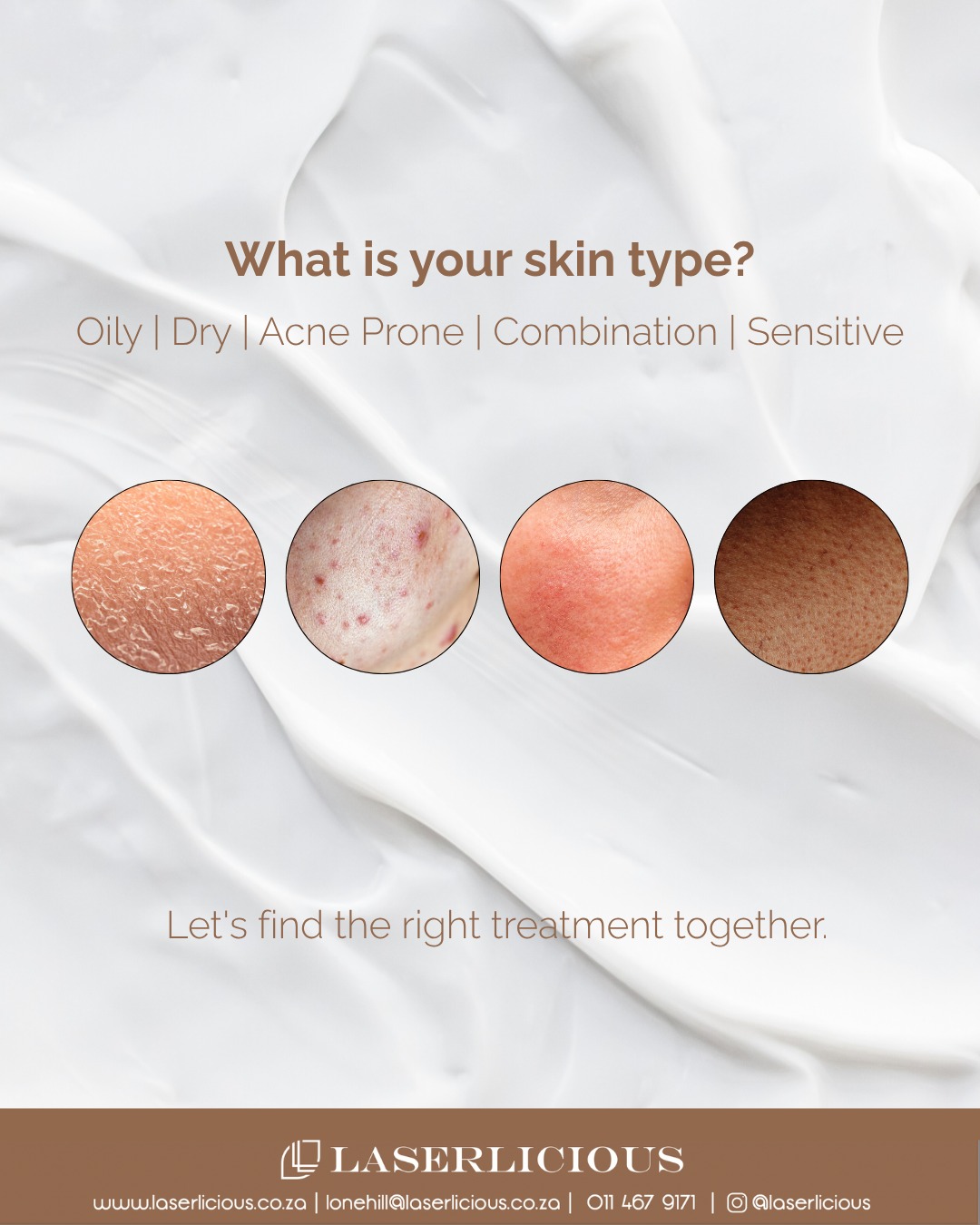 No two skin types are the same, and neither are our treatment plans.
Whether your skin is dry, oily, combination, sensitive, acne-prone or showing signs of ageing, understanding your skin type is the first step towards achieving healthier skin. Our experienced therapists will recommend treatments and professional skincare that are tailored to your skin's unique needs and goals.
📞 Call Laserlicious on 011 467 9171 / WhatsApp 083 490 9524 / info@laserlicious.co.za to make a booking today.
#Laserlicious #SkinConsultation #HealthySkin #MedicalSkincare #AestheticTreatments