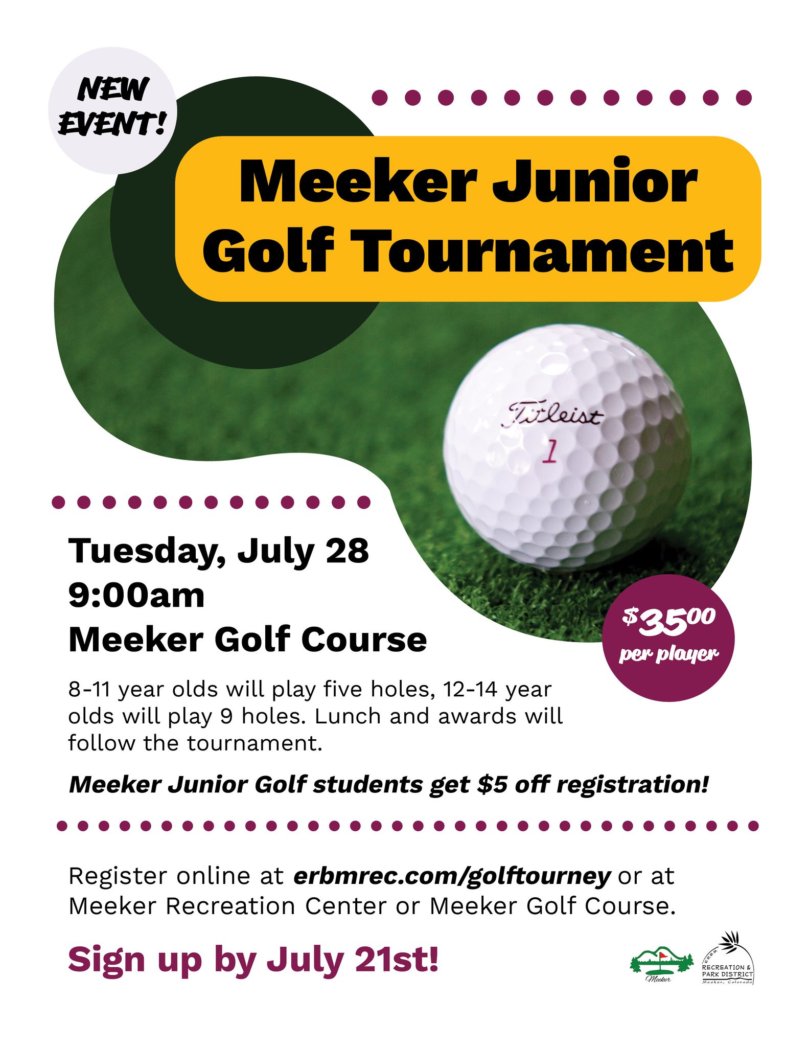 Golfers ages 8-14 are invited to join us for the NEW Meeker Junior Golf Tournament!
⛳When: Tuesday, July 28 starting at 9:00am
⛳Where: @meekergolfcourse
⛳Who: 8-14 year old golfers
⛳Cost: $35 per player (*Meeker Junior Golf students get a $5 discount!)
Register: erbmrec.com/golftourney or stop by Meeker Rec Center or the golf course by July 21!