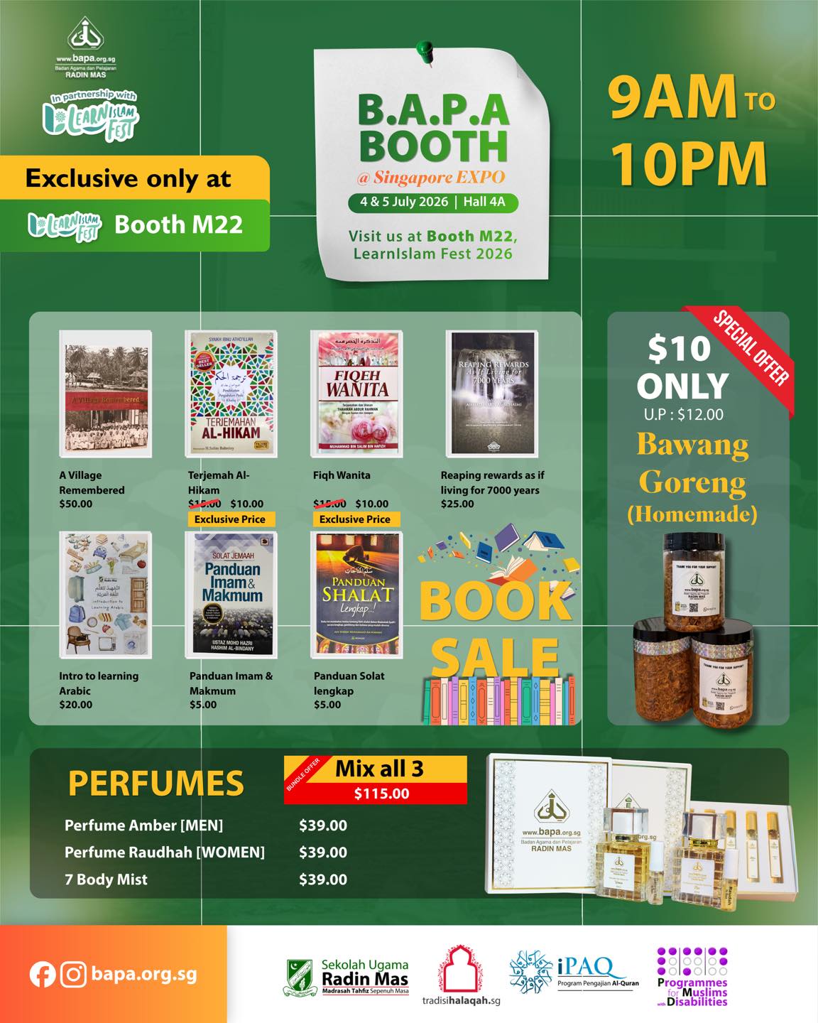 ⨠Looking for some weekend plans? Come visit B.A.P.A Booth at the LearnIslam Fest 2026! â¨
We are here at the Singapore EXPO, Hall 4A (Booth M22) from 9 AM to 10 PM on 4 & 5 July 2026.
We've got an amazing lineup waiting for you