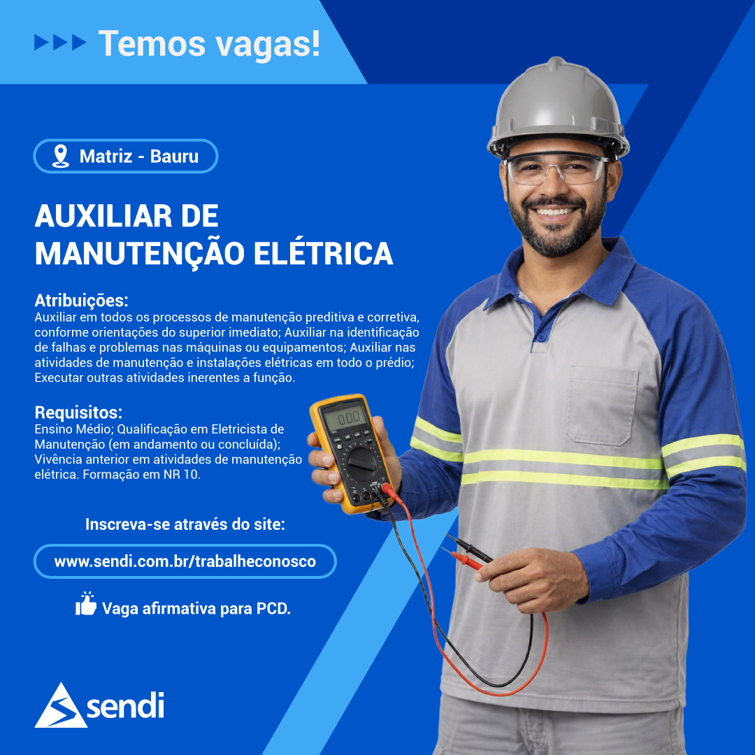 O Grupo Sendi está com oportunidades para as vagas de:
✅ Ajudante Civil;
✅ Armador;
✅ Auxiliar Manutenção Elétrica;
✅ Carpinteiro;
✅ Mecânico Industrial;
✅ Operador de Máquina de Corte e Dobra;
✅ Pedreiro Acabador de Superfícies.
➡ Acesse: https://www.sendi.com.br/trabalheconosco (link da bio) e faça o seu cadastro em nosso Portal de Talentos.
👍 Todas as nossas vagas são afirmativas para PCDs.
#vaga #oportunidade #bauru