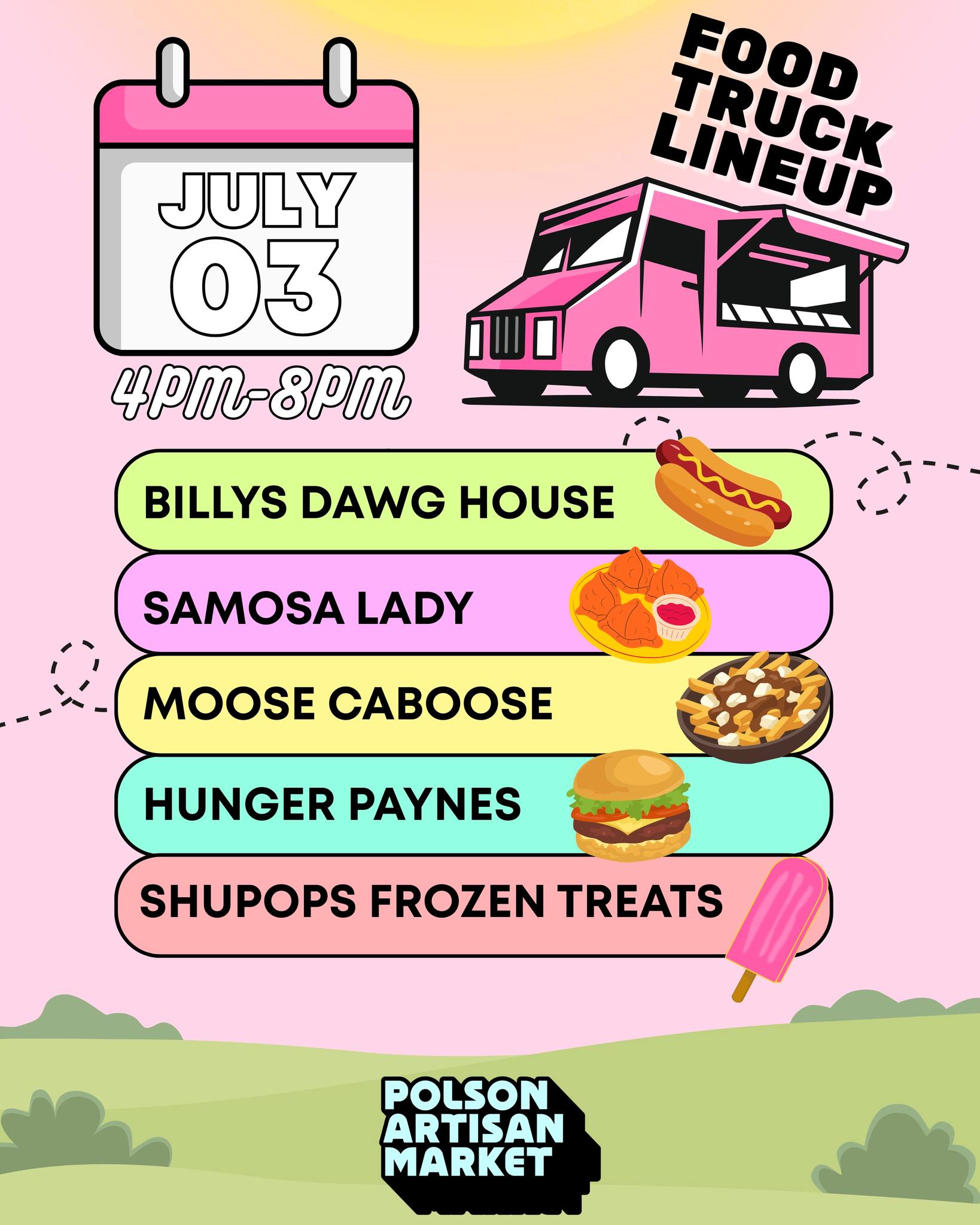 You're food truck lineup is here for FRI-YAY! We've got snacks, treats, and dinner ready, so head on down to the park, we'll be here from 4pm -8pm today!