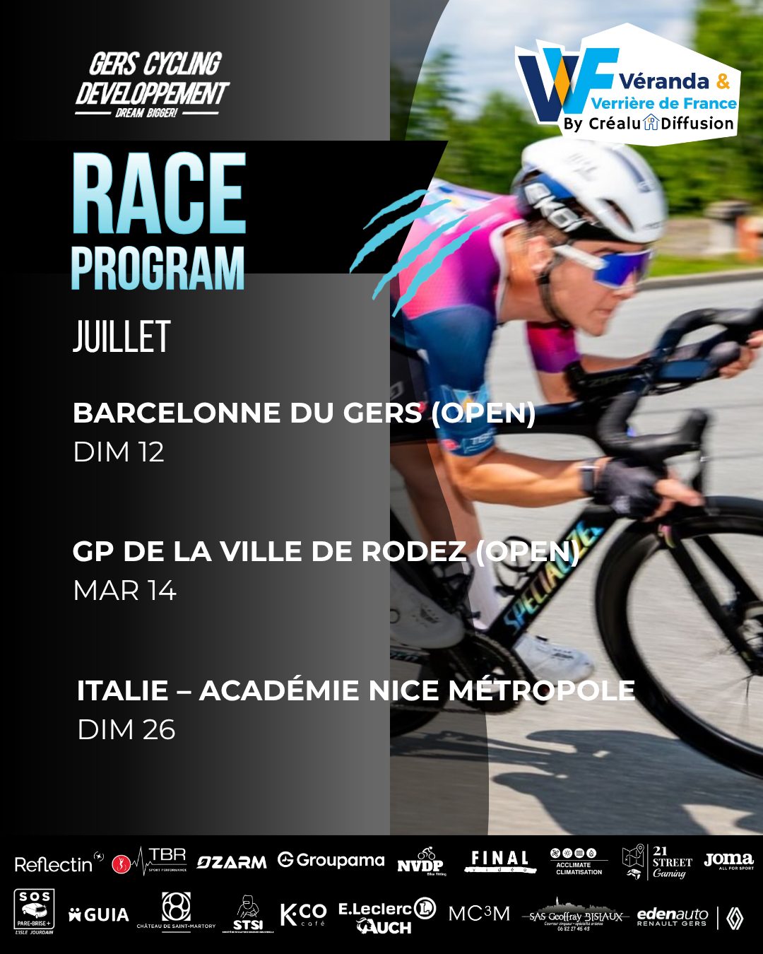🚴♂️ RACE PROGRAM – JUILLET
Le calendrier du mois est arrivé ! Nos coureurs seront sur plusieurs courses fortes ce mois-ci :
📍 Barcelonne du Gers (Open) – Dim. 12
📍 GP de la Ville de Rodez (Open) – Mar. 14
📍 Italie – Académie Nice Métropole – Dim. 26
Un mois de juillet chargé pour l'équipe qui pourra être amené à être modifié 💪
#GersCyclingDevelopment #DreamBigger #Cyclisme