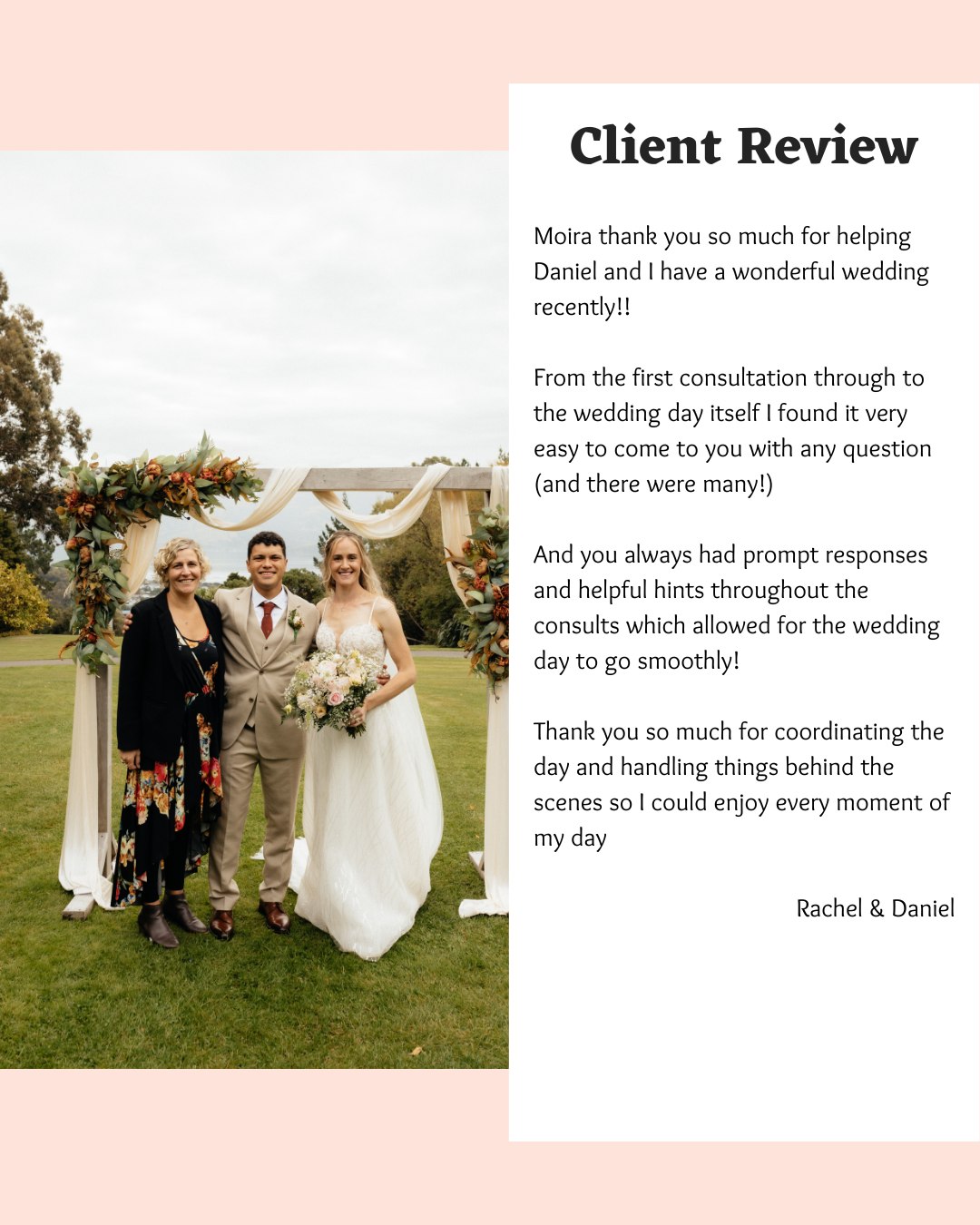 I truly love what I do, and being part of Rachel & Daniel's wedding planning journey and their special day was such a highlight.
Receiving kind words like these means so much and reminds me why I'm so passionate about helping couples create a day they'll always remember.
If you're in the middle of planning your wedding and would love someone by your side, send me a DM I'd love to chat. 💍✨