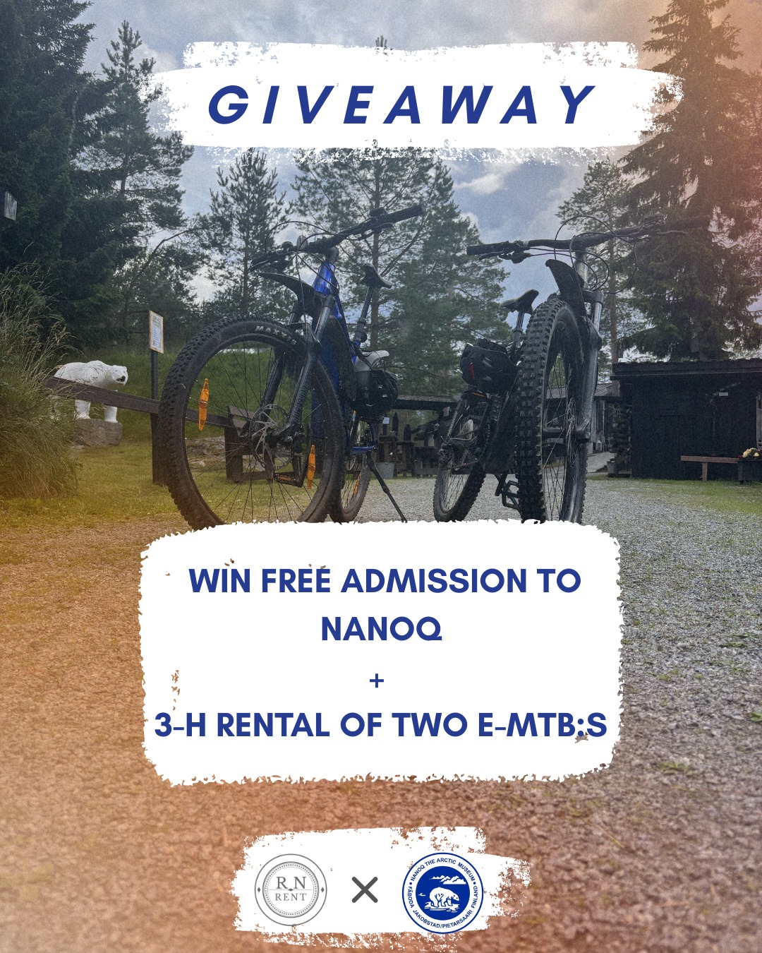 -ENDED-
🇸🇪 SWE
TÄVLING! 🚴♀️
Nu har du chansen att vinna entré till Nanoq och 3 timmars hyrning av två elmountainbikes!
Priset inkluderar:
✨ Entré för två till Nanoq
✨ 3 timmars hyra av två E-Mtbs
💰 Totalt värde: 114 €
Så här deltar du:
1️⃣ Följ @arctic_museum_nanoq och @rn.rent
2️⃣ Gilla det här inlägget
3️⃣Dela inlägget i din story
Vill du öka dina vinstchanser?
• Tagga personen du helst skulle vilja dela cykeläventyret med! 🚴♀️
Tävlingen avslutas måndagen den 13 juli kl. 12.00.
En lycklig vinnare lottas fram och kontaktas via DM.
Priset bör utnyttjas senast den 28 augusti 2026.
Tävlingen är inte sponsrad, administrerad eller organiserad av Meta.
🍀Lycka till!
🇫🇮 FI
ARVONTA! 🚴♀️
Nyt sinulla on mahdollisuus voittaa sisäänpääsy Arktiseen museo Nanoqiin sekä kahden sähkömaastopyörän 3 tunnin vuokraus!
Palkinto sisältää:
✨ Sisäänpääsyn kahdelle Nanoqiin
✨ Kahden M-Tb:n 3 tunnin vuokrauksen
💰 Palkinnon kokonaisarvo: 114 €
Osallistu näin:
1️⃣ Seuraa @arctic_museum_nanoq ja @rn.rent
2️⃣ Tykkää tästä julkaisusta
3️⃣ Jaa tämä julkaisu omaan tarinaasi
Haluatko kasvattaa voittomahdollisuuksiasi?
• Merkitse henkilö, jonka kanssa lähtisit mieluiten pyöräseikkailulle! 🚴♀️
Arvonta päättyy maanantaina 13.7 klo 12.00.
Yksi onnekas voittaja arvotaan ja häneen otetaan yhteyttä yksityisviestillä (DM).
Palkinto tulee lunastaa viimeistään 28.8.2026.
Tämä arvonta ei ole Metan sponsoroima, hallinnoima eikä järjestämä.
🍀Onnea arvontaan!
🇬🇧 ENG
GIVEAWAY! 🚴♀️
Win free admission to the Arctic Museum Nanoq and a 3-hour rental of two electric mountain bikes.
The prize includes:
✨ Admission for two to the Nanoq
✨ A 3-hour rental of two E-MTb:s
💰 Total prize value: €114
How to enter:
1️⃣ Follow @arctic_museum_nanoq and @rn.rent
2️⃣ Like this post
3️⃣Share this post to your story
✨ Want to increase your winning chances?
• Tag the person you'd most like to go on a cycling adventure with! 🚴♀️
The giveaway closes on Monday, July 13 at 12:00 PM.
One lucky winner will be randomly selected and contacted via DM.
The prize must be claimed by August 28, 2026.
This giveaway is not sponsored, endorsed, administered by, or associated with Meta.
Good luck!
