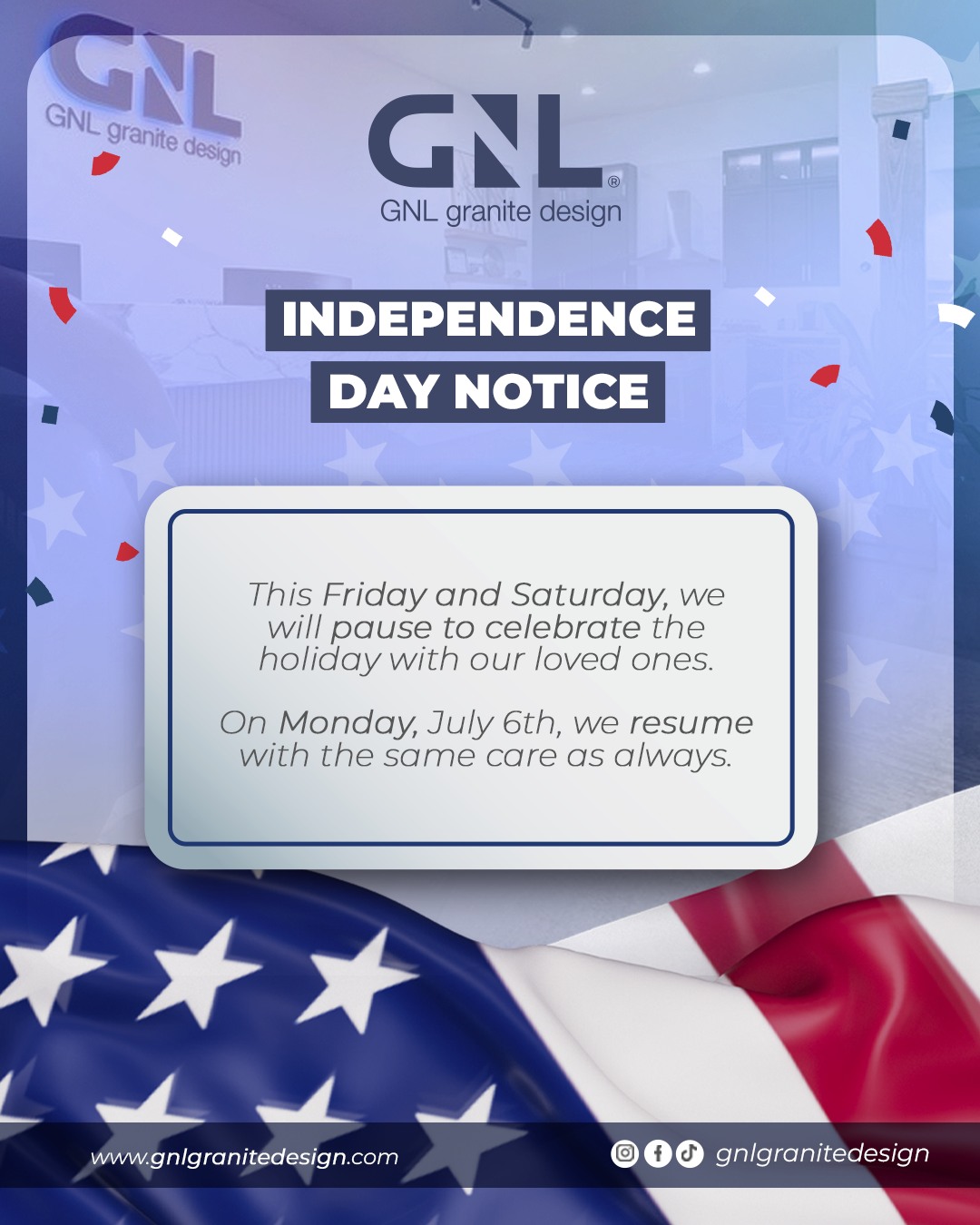 This Friday and Saturday, we're taking a short break to celebrate Independence Day with our families, and we'll be back soon, ready to help bring your project to life. 🇺🇲
Enjoy a safe and happy holiday with the people who matter most, and we'll see you next week. 😉✨