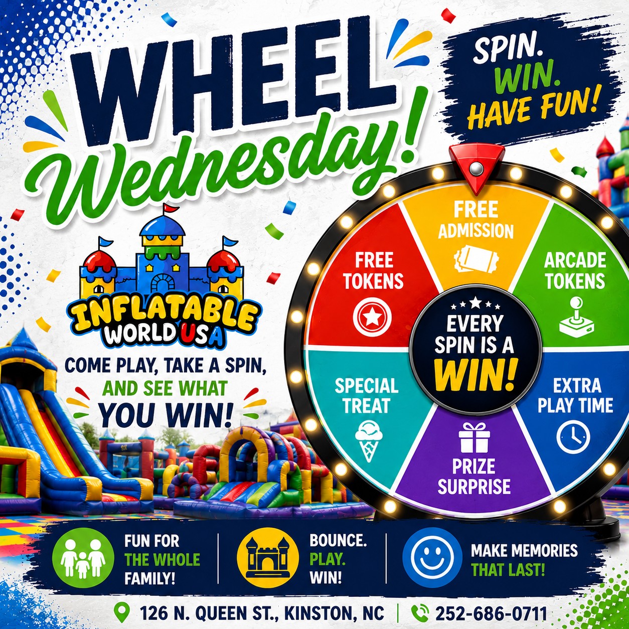Make your Wednesday a winning one!
Every admission comes with a chance to spin the prize wheel, so you never know what fun surprise is waiting for you! Bring the kids, invite your friends, and enjoy a day filled with bouncing, laughter, and exciting prizes.
We can't wait to see what you'll win! 🤩
#funstartshere