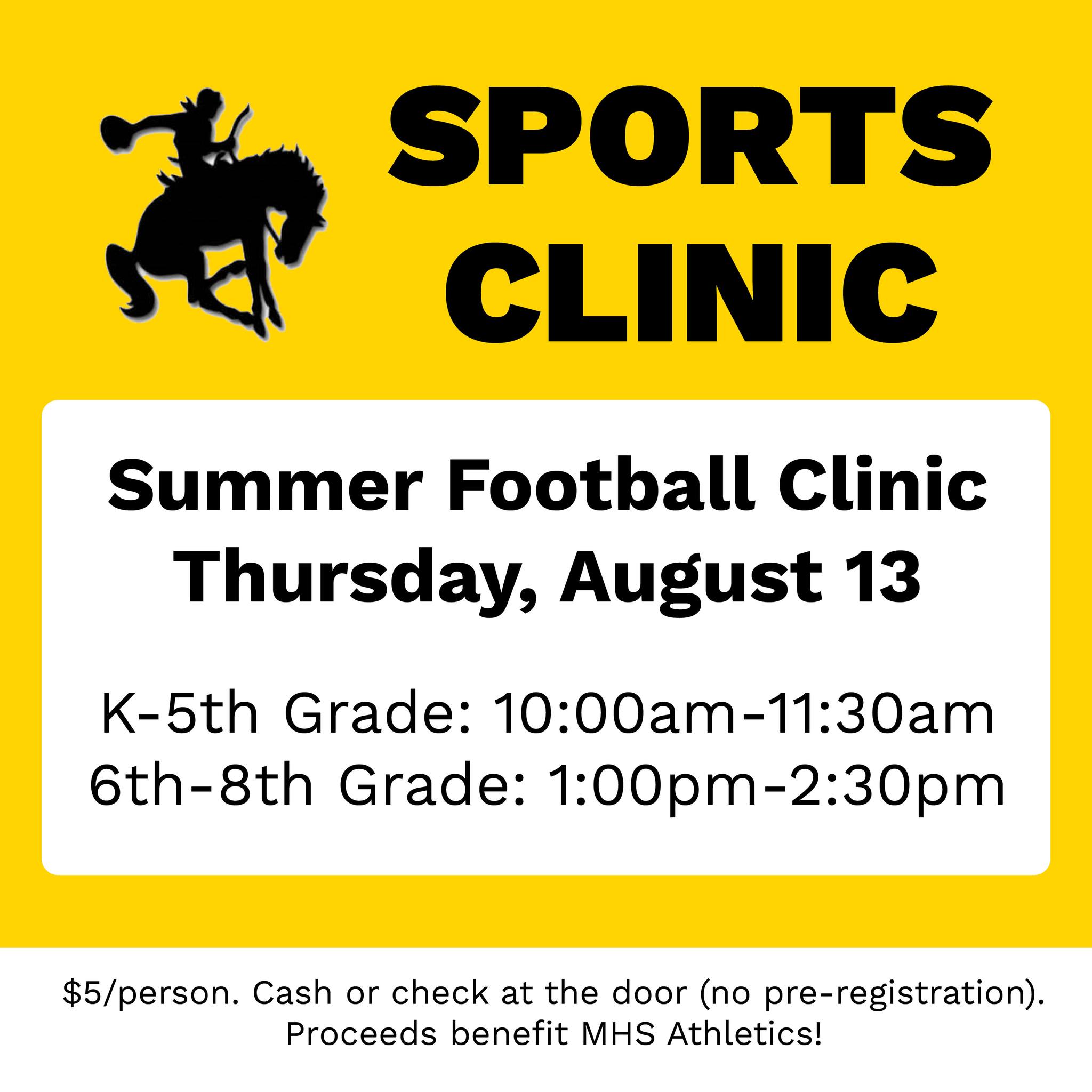 Summer Football Clinic August 13 at the BMS Practice Field! 🏈
$5 cash or check at the door (no preregistration). Proceeds benefit MHS Athletics.