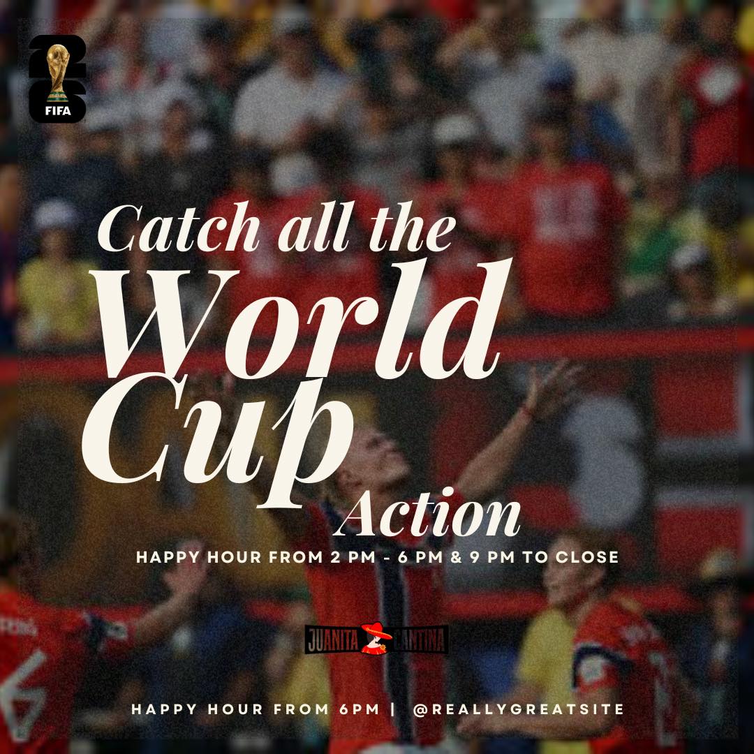 ⚽ The World Cup continues at Juanita Cantina!
Mexico and USA may be out, but the tournament isn’t over.
Catch the rest of the games with sound, cold drinks, great food, and Happy Hour specials.
🍻 Happy Hour: 2–6 PM & 9 PM–Close
📺 Games on with sound
See you for kickoff! 🏆