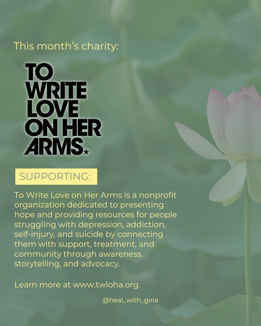 Healing has a way of extending beyond ourselves.
This month's charity is @twloha , a nonprofit organization that connects people with hope and resources for mental health, addiction recovery, and suicide prevention.
Thank you for being part of a community that believes healing can create a ripple effect. 🤍
#TWLOHA #MentalHealthAwareness #HealingTogether #CommunityCare #MentalHealthMatters #Hope #HealWithGina