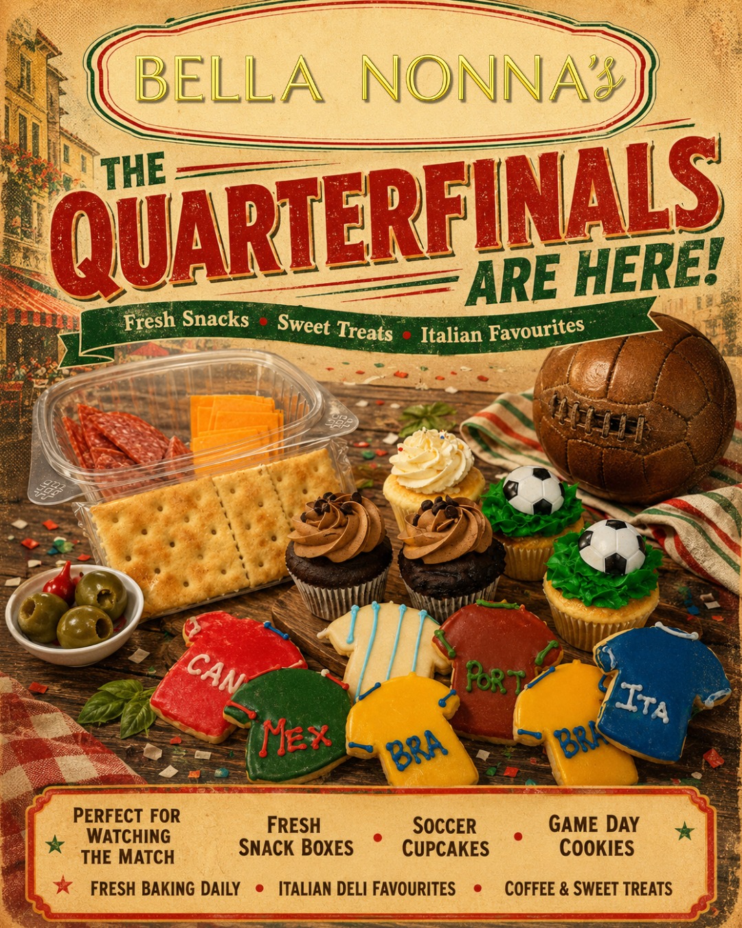 ⚽ THE COUNTDOWN IS ON! ⚽
The FIFA World Cup™ Quarterfinals kick off this Friday, and the excitement is building!
Whether you’re planning a backyard barbecue, inviting friends over, or getting together with family to watch the matches, now’s the perfect time to start planning your game-day menu.
Stop by Bella Nonna’s this week and pick up your favourites before the weekend:
🥨 Fresh Snack Boxes
🧁 Soccer Cupcakes
🍪 Hand-Decorated Game Day Cookies
🥖 Fresh Bread Baked Daily
🥪 Italian Deli Favourites
☕ Fresh Coffee & Sweet Treats
From savoury snacks to sweet treats, we’ve got everything you need to make your Quarterfinal weekend a winner.
📍 Visit us at 11841 224 Street, Maple Ridge and get ready for an unforgettable weekend of world-class soccer!
Who are you cheering for in the Quarterfinals? ⚽👇
Bon Appetito! 😋
Warm regards,
The Bella Nonna’s Team💪
#BellaNonnas #MapleRidge #QuarterFinals #FIFA2026 #WorldCup #GameDay #SoccerSnacks #SoccerCupcakes #GameDayCookies #ItalianBakery #ItalianDeli #FreshBaking #SupportLocal #MapleRidgeBC #WeekendCountdown #GameDayReady