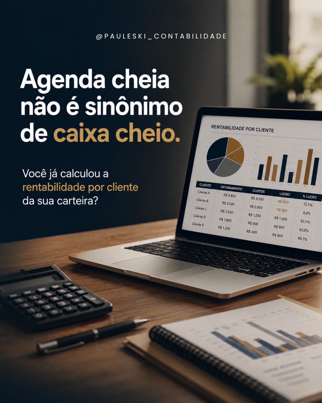 Existe cliente que ocupa a semana inteira, exige atenção, retrabalho, ajuste, e no fim do mês deixa pouquíssimo lucro na conta. A maioria dos empresários nunca fez essa conta por cliente.
Às vezes o cliente "mais fácil" é o mais rentável, e ninguém percebeu isso ainda.
Você já calculou a rentabilidade por cliente da sua carteira?
☎️ (51) 3094-0477
📍Porto Alegre: R. Dr. Mário Totta, 663 - Loja 04 - Tristeza.
📍 Garopaba: R .Viúva Maria Antônia dos Santos, 976 Loja 5 - Centro
TC/RS 71.658