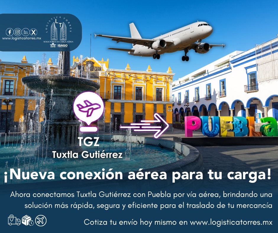 ✈️📦 ¡Nueva conexión aérea para tu carga!
🌎 Ahora conectamos Tuxtla Gutiérrez con Puebla por vía aérea, brindando una solución más rápida, segura y eficiente para el traslado de tu mercancía.
Con Logística Torres puedes enviar:
📦 Carga general
🥑 Productos perecederos
💊 Medicamentos y carga especializada
👕 Textiles y mercancía comercial
🐶 Mascotas y especies vivas (sujeto a requisitos aplicables)
¿Por qué elegir esta nueva ruta?
⚡ Menores tiempos de traslado
📍 Atención personalizada durante toda la operación
🤝 Manejo seguro de tu mercancía
✈️ Servicio confiable de logística aérea
Haz que tus envíos lleguen más rápido y mantén tu operación siempre en movimiento.
📩 Cotiza hoy mismo y aprovecha la nueva ruta aérea Tuxtla Gutiérrez – Puebla.
.
.
.
.
#Tuxtla #Puebla #CargaAérea #NuevaRuta #LogísticaTorres #Logística #Envíos #TransporteAéreo #tucargasegura #tucargasegurayatiempo #logistica #volariscargo #logisticaytransporte #SomosLogisticaTorres #enviosnacionales