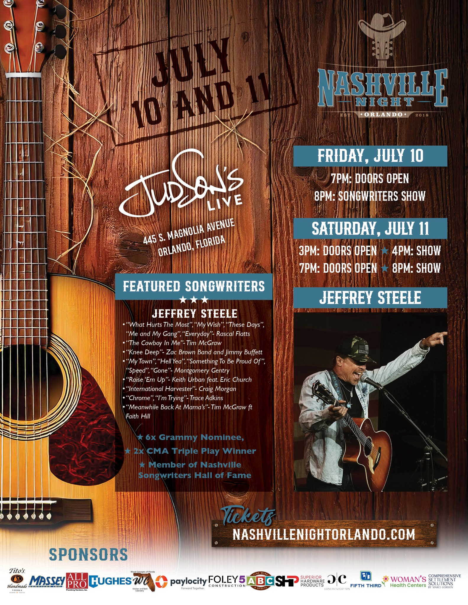 THIS WEEKEND!
We are beyond excited to welcome YOU and Songwriters Hall of Famer Jeffrey Steele to Nashville Night In Orlando for what promises to be an unforgettable weekend at Judson’s Live .
Your incredible support over the years has made it possible to bring Nashville's very best songwriters to Orlando, and this weekend, we're honored to welcome a Songwriters Hall of Famer to our stage!
We can't wait to share another magical weekend filled with unforgettable songs, incredible stories, and memories we'll all be talking about long after the final note.
@jsteelemusic
@judsonslive