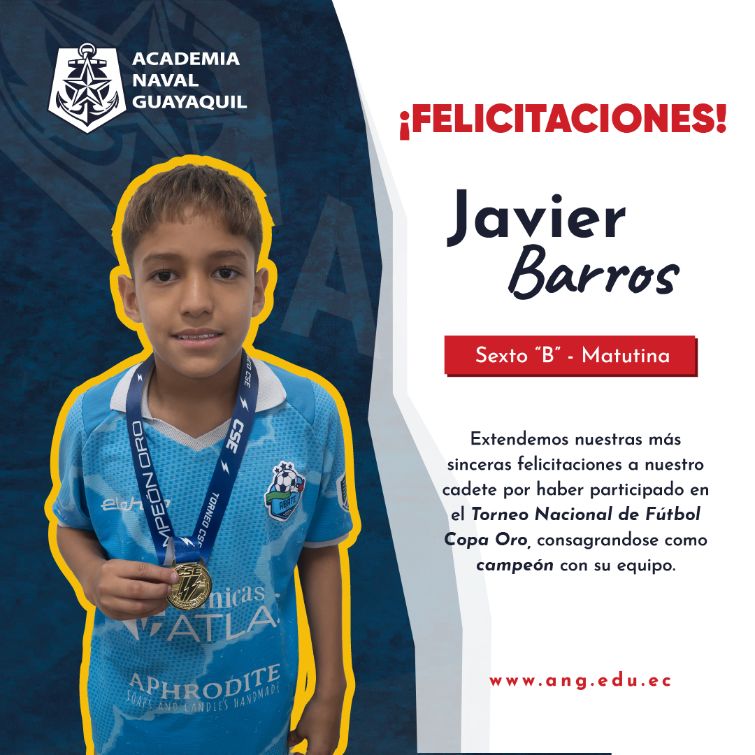 ⚽🏆 ¡Felicitamos con orgullo a nuestro cadete Javier Barros por este importante logro deportivo!
Con esfuerzo, disciplina y dedicación participó en el Torneo Nacional de Fútbol organizado por el CSE, donde su equipo se consagró campeón de la Copa Oro en la categoría 2016 (Sub-10), alcanzando el máximo reconocimiento de la competencia.
Este triunfo refleja el compromiso, la constancia y la pasión con la que nuestros cadetes afrontan cada desafío, dejando en alto el nombre de quienes los acompañan en su formación deportiva y personal.
¡Felicitamos a Javier y a su familia por este merecido logro! Que este sea el inicio de muchos más éxitos dentro y fuera de la cancha. 💙
Inteligencia, Corazón y Disciplina.
#AcademiaNavalGuayaquil #OrgulloANG #Fútbol #Campeón #CopaOro #TalentoDeportivo #Disciplina #FormandoLíderes #InteligenciaCorazónYDisciplina