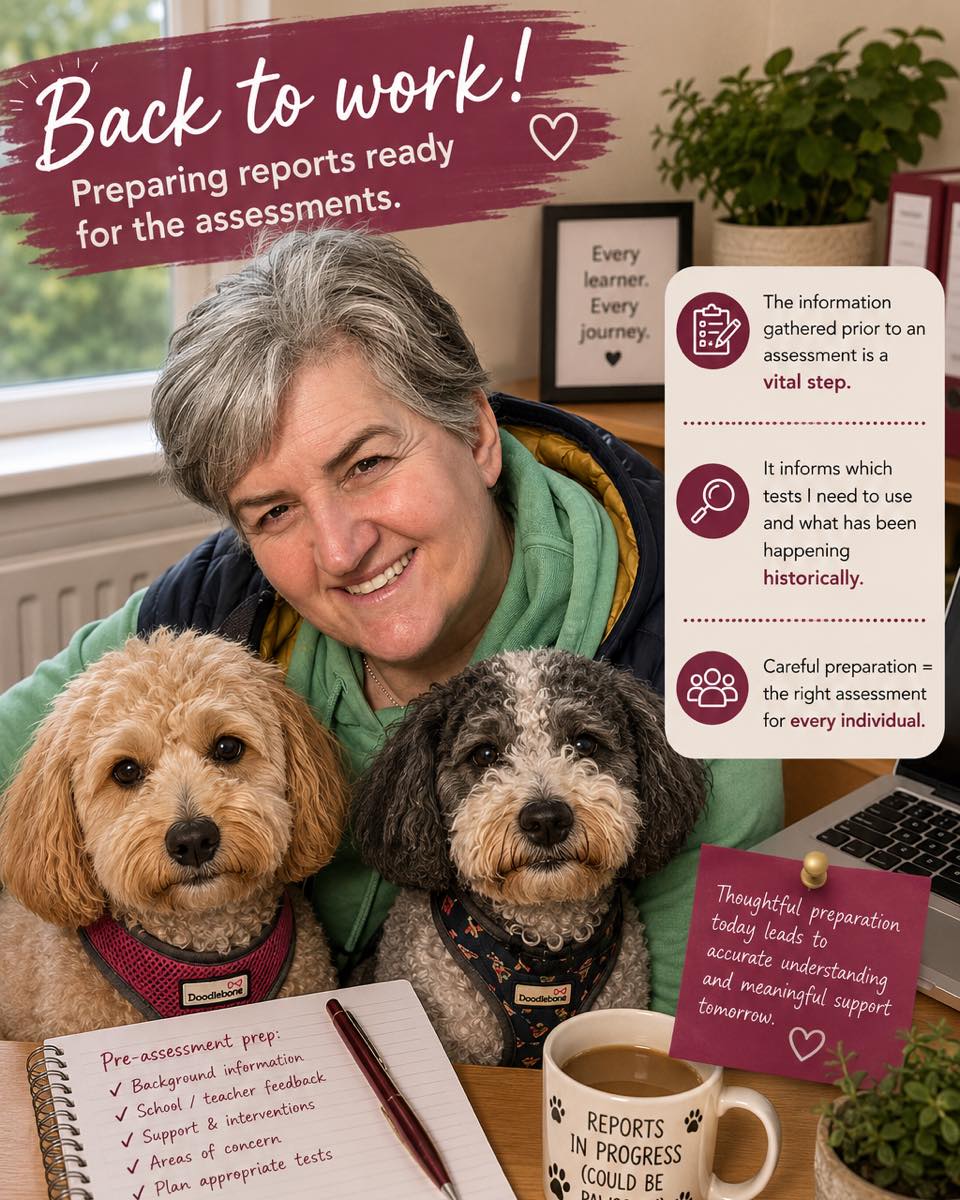Back to work and preparing for upcoming assessments! 📝🐾
(Not sure why I have a sweatshirt on but I’ll go with it 🤣)
Before any diagnostic assessment takes place, there is a great deal of work happening behind the scenes — usually with a little help from my office assistants!
The information gathered from parents, schools and individuals before an assessment is a vital part of the process. It helps me to understand the history of the difficulties being experienced, the support that has already been provided and the areas that need further exploration.
Carefully reviewing this information allows me to plan each assessment individually and select the most appropriate tests. No two learners are the same, which is why this preparation is such an important part of a thorough diagnostic assessment.
Now it’s time to get back to those reports and prepare for the next assessments! 🐾💻📚
Professional assessment starts long before assessment day.