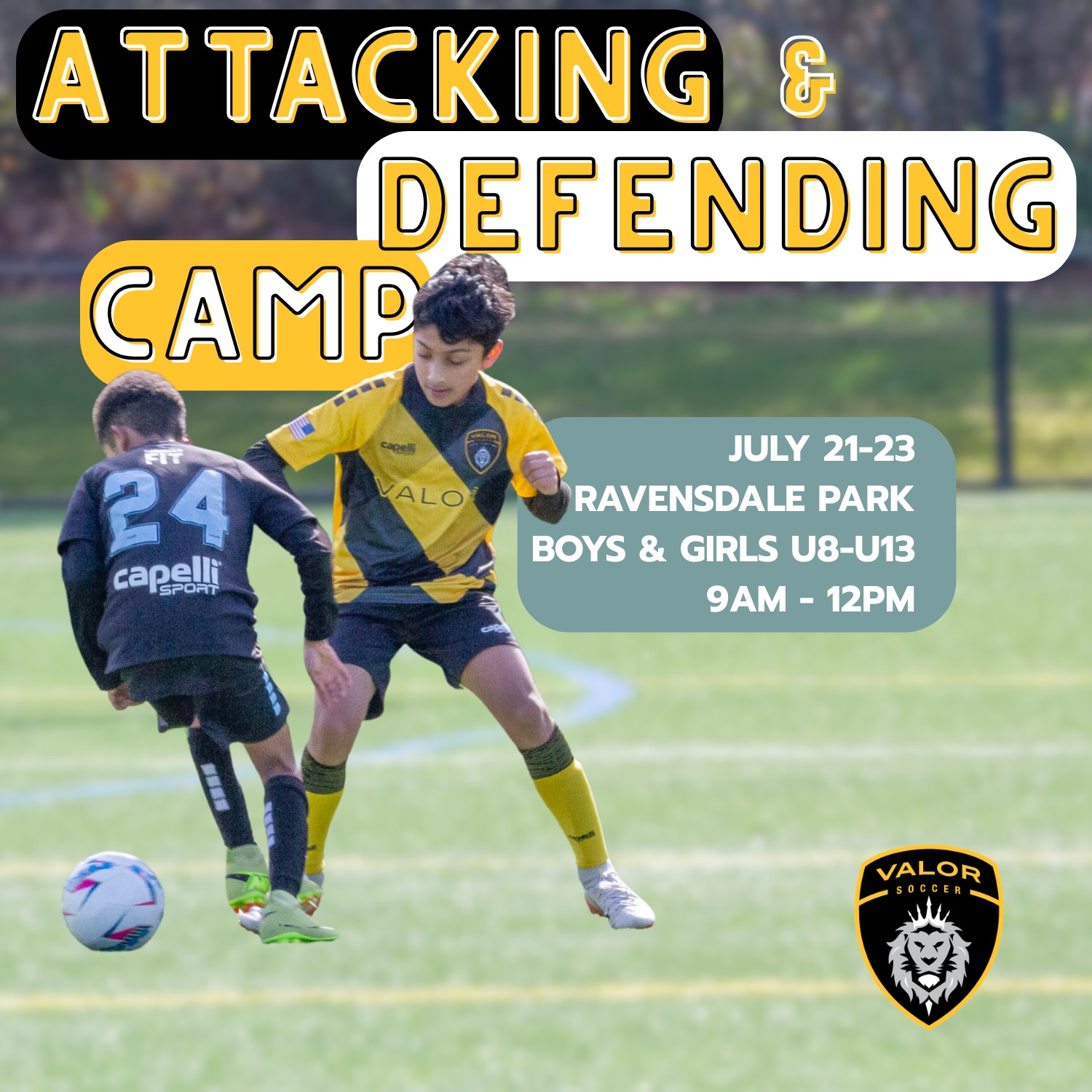 Master both sides of the game.
Our Attacking & Defending Camp is designed to help players become more confident on both sides of the ball. Through 1v1 challenges, game-like scenarios, competitive activities, and small-sided games, players will work on developing creativity to beat defenders, the confidence to defend effectively, and work on their decision-making. #SoccerCamp #SkillsCamp #WeAreValor
July 21-23
9am - 12pm
Ravensdale Park
Boys & Girls U8-U13
To register, click the link in our bio.