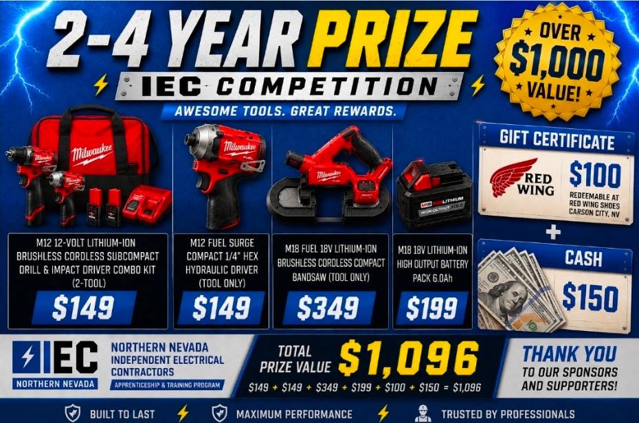 A huge thank you to Platt for sponsoring our 2nd–4th Year Apprentice Division at this year’s IEC Competition!
Your support is helping recognize the hard work, dedication, and skill our apprentices have put into their careers. One deserving competitor will take home an incredible prize package worth over $1,000 thanks to your generosity.
Thank you for continuing to invest in the future of the electrical trade.
#IECNorthernNevada #PlattElectricSupply #ElectricalApprentices #SkilledTrades #ThankYouSponsors