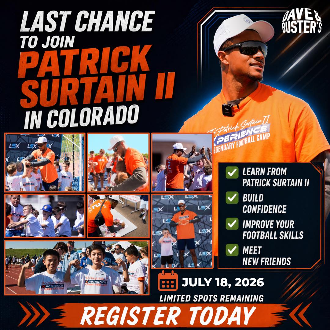 🚨 LAST CHANCE TO REGISTER 🚨
Spots for Patrick Surtain II’s Colorado Football Camp are almost gone.
This is your athlete’s opportunity to learn directly from an NFL superstar, build confidence, sharpen football skills, and create memories that will last a lifetime.
✅ Train with Patrick Surtain II
✅ Learn elite techniques and drills
✅ Compete with other young athletes
✅ Receive coaching that can elevate your game
📅 July 18, 2026
📍 Arvada West High School
⚠️ Once registration closes, there will be no additional spots released.
Secure your spot now before it's too late.
👉 Register today: https://www.legendarysportsx.com/pro-player-camps/patrick-surtain-july18-camp
#PatrickSurtainII #FootballCamp #ColoradoFootball #YouthFootball #RegisterNow #FutureChampions #LSX #LegendarySportsXperiences #TrainWithTheBest
