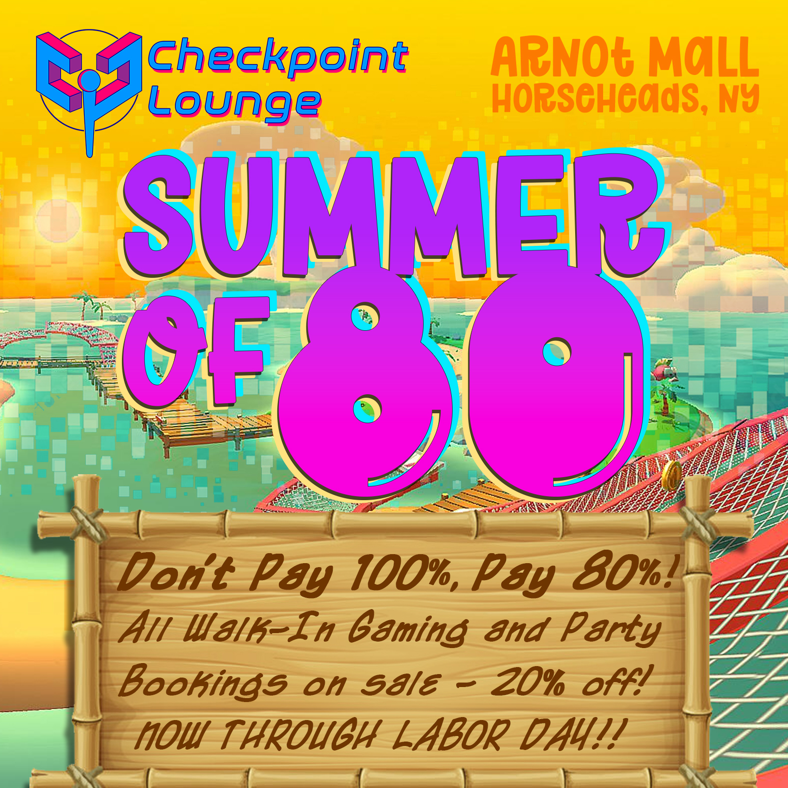 ☀️ WELCOME TO THE SUMMER OF 80 🕶️
Now through Labor Day - All Walk-In Gaming and Party Bookings are 20% off! Also includes Day Passes!
⬇️ Full Pricing List for Summer ⬇️
Walk-In PC/Console Play: $8.00 / hour
Walk-In Virtual Reality Play: $8.00 / half-hour
Day Pass: Includes 30 min of VR and play-all-day PC/Console: $16.00
🎉 Party Bookings!
Standard Party (up to 12 gamers, walk-ins allowed): Just $80 / hour!
Private Party (up to 25+ gamers, no walk-ins): $160 / hour
DISCOUNT IS ALSO LIVE ON OUR WEBSITE FOR ALL BOOKINGS: https://checkpointlounge.com
Don't just sit there, come play some games!
Exclusions - Because I KNOW someone will ask!!
🙁 Discount does not apply to Pizza, Food, Cookie Cake Add-Ons to party bookings
🙁 Discount does not apply to purchases of food, drinks, or any other snack items
🙁 Discount does not apply to purchases of gaming items, consoles, used games, peripherals and accessories, game collector's editions, strategy guides, or DVDs
🙁 Discount does not apply to purchases of any other merchandise, squishy toys, NeeDohs, dumplings, or TCG items, including Pokemon cards and sealed products, One Piece cards and sealed product, RiftBound cards and sealed product, or Magic the Gathering cards and sealed product. This also includes binders, boxes, sleeves, or any other TCG accessories
🙁 Discount does NOT apply to any buy/sell/trade arrangements, either for video game items or trading card items
