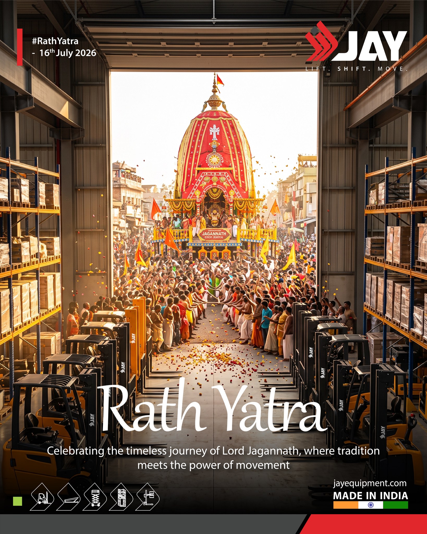 From the sacred chariot that unites millions to the machines that move industries—every journey is powered by strength and purpose
.
May Lord Jagannath bless your path with prosperity, success, and new opportunities
.
✨ Happy Rath Yatra!
.
#JayEquipment #RathYatra #TraditionMeetsInnovation #Forklift #MaterialHandling #MadeInIndia