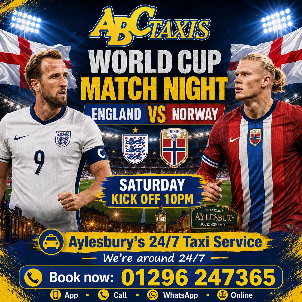 ⚽🦁 Quarter Final Matchday! 🦁⚽
🇬🇧 England 🆚 Norway 🇳🇴
🗓️ Saturday
🕙 Kick-off: 10:00 PM
The Three Lions are just one win away from the World Cup Semi Finals... can they do it? 🏆
👇 Predict the final score in the comments!
Watching the match at the pub? Heading to friends? Enjoy the football and let ABC Taxis get you there and home safely.
🚖 24 hour service
📲 Book via our app
📍 Track your driver live
💳 Pay by app, card or cash
🚖 Aylesbury's largest fleet
📞 01296 247 365
💬 WhatsApp: 07520 634365
📲 Download our app: https://linktr.ee/abctaxis247
Come on England! 🦁🏴
ABC Taxis – In Time, Every Time.