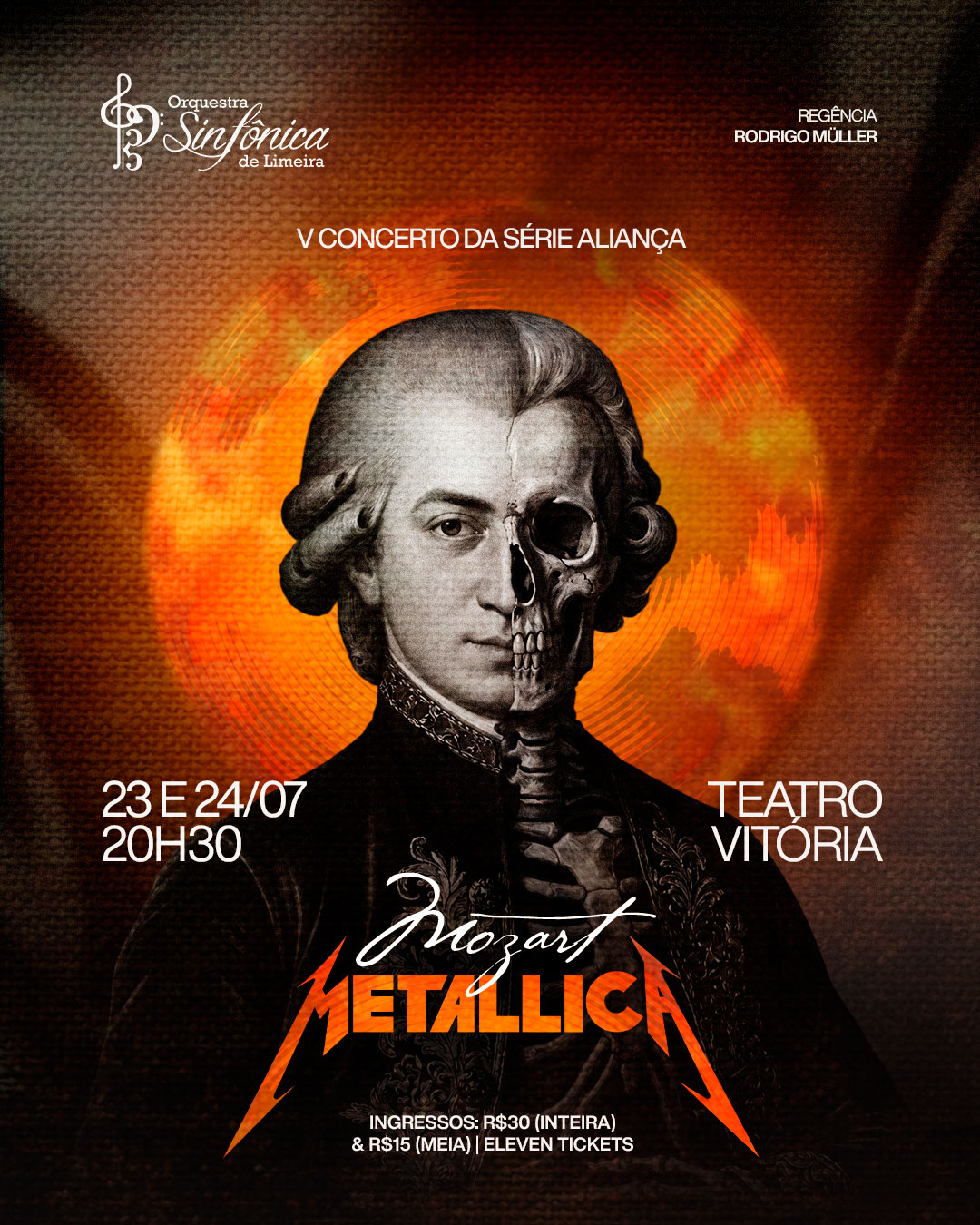 A Orquestra Sinfônica de Limeira apresenta “Mozart Metallica”, um concerto que promove um encontro surpreendente entre dois universos musicais aparentemente distantes, mas unidos pela intensidade, virtuosismo e poder de emocionar. De um lado, a genialidade atemporal de Wolfgang Amadeus Mozart; de outro, a energia marcante da lendária banda Metallica, revisitada em versões sinfônicas inspiradas nos arranjos do grupo Apocalyptica.
Mais do que reunir composições de épocas e estilos distintos, o espetáculo constrói uma verdadeira conversa entre dois universos musicais marcados pela intensidade, pela criatividade e pela capacidade de atravessar gerações. Ao longo da apresentação, o público será conduzido por uma jornada em que tradição e contemporaneidade se aproximam, revelando conexões inesperadas entre a sofisticação da escrita orquestral e a energia pulsante do metal.
“Mozart Metallica” é uma celebração da música sem fronteiras, mostrando como diferentes estilos podem dialogar e se complementar. O concerto promete agradar tanto aos admiradores da música clássica quanto aos fãs do rock, oferecendo uma experiência única, repleta de contrastes, emoção e energia.
Mais do que uma apresentação, é um convite para descobrir conexões inesperadas entre dois repertórios que, apesar da distância histórica, compartilham a mesma capacidade de fascinar gerações e transformar o palco em um espaço de pura expressão artística.
A apresentação acontece nos dias 23 e 24 de Julho, às 20h30, no Teatro Vitória, em Limeira.
Os ingressos têm um valor de R$30 (inteira) e R$15 (meia) e podem ser adquiridos na bilheteria do Teatro Vitória.
O concerto é uma realização da Sociedade Pró-Sinfônica de Limeira (SPSL),Prefeitura Municipal de Limeira, através da Secretaria Municipal de Cultura com Patrocínio Ouro da Tate & Lyle, Patrocínio Prata da Unimed Limeira e apoio cultural de Artisan du Gelée, Picture, Peixinho e Hotel Zahara