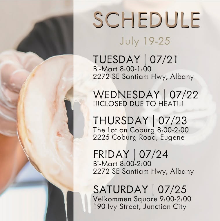 Good morning! ✨
We apologize for the delay in getting up the weekly schedule! Please notice the important changes made to this week's schedule due to the heat the next couple of days!
Local's will be closing at 1PM tomorrow, and will be closed completely on Wednesday. But don't worry Eugene, you can find Local's back on Thursday (8AM-2PM) instead!
✨THE PRETZEL DOG✨ is back!
The Pretzel Dog is an all beef hot dog wrapped in American cheese and our pretzel dough. It is then salted, baked, and slathered in warm butter.
It's been here from the beginning and is an all-time customer and employee favorite.
ALBANY. Local's will be parked at Bi-Mart tomorrow, July 21st.
ADDRESS: 2272 SE Santiam Hwy, Albany
HOURS: ‼️8AM-1PM‼️
Along with our special, we will also be serving our original vanilla glazed donuts, cinnamon sugar donuts, handcrafted soft pretzels, and Blue Silo Creamery milk and chocolate milk.
GIVEAWAY: We are giving away a half dozen donuts/pretzels to 2 lucky followers!
TO ENTER:
✨LIKE THIS POST
✨FOLLOW OUR PAGE
✨TAG YOUR FRIENDS
Winners will be announced tomorrow morning and will also be contacted directly. Please be aware of scammers posing as our page, we will NEVER ask for credit card/personal information to claim your prize.
Stay cool and see you soon! 🫶