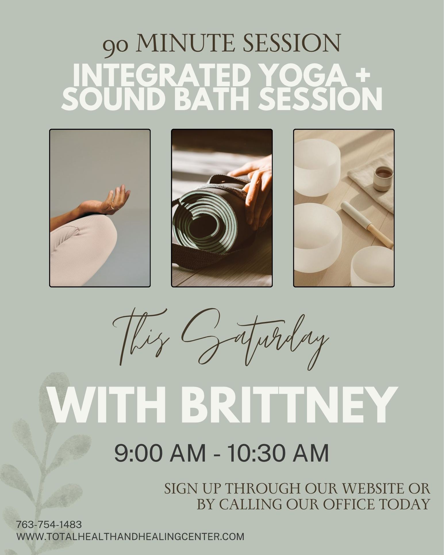 Start your Saturday by investing in yourself. 🤍
Join Brittney for a 90-minute Integrated Yoga + Sound Bath session designed to help you slow down, move intentionally, and leave feeling refreshed—mind, body, and spirit.
🧘♀️ Saturday | 9:00–10:30 AM
Reserve your spot through our website or give our office a call.