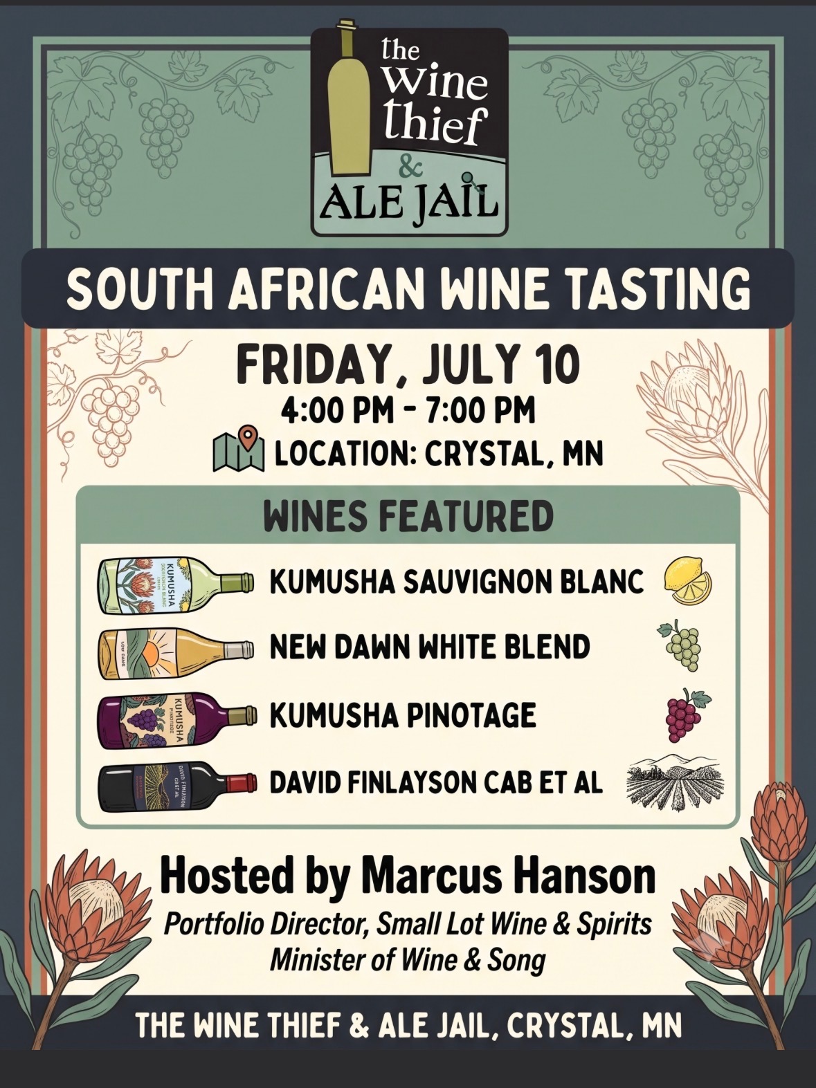#FreeTastingSaturday Jul 9th! 4 to 7pm ⏰ Tomorrow!
We have a South African wine tasting this week 🇿🇦and we have 4 excellent wine choices from this country:
Kumusha Sauvignon Blanc
New Dawn White Blend
Kumusha Pinotage
David Finlayson Cab et al.
The tasting will be Hosted by Marcus Hanson
Portfolio Director, Small Lot Wine & Spirits
Master of wine and song
#WineThiefAndAleJail #SouthAfrica
#Wine #SauvignonBlanc #WhiteWine #Pinotage #CabernetSauvignon #RedWine
#CrystalMN #RobbinsdaleMN #GoldeValleyMN
#fyp