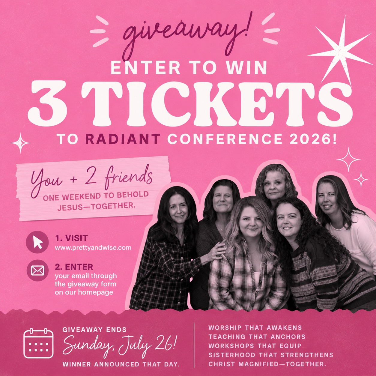 ⚡ FREE TICKETS? YES PLEASE.
Win admission for you + TWO friends to Radiant Conference this October!
Here's how to enter:
✔ Visit www.prettyandwise.com
✔ Enter your email on the homepage giveaway form
📅 Giveaway ends Sunday, July 26.
Three tickets.
One unforgettable weekend.
Who's coming with you? 👇