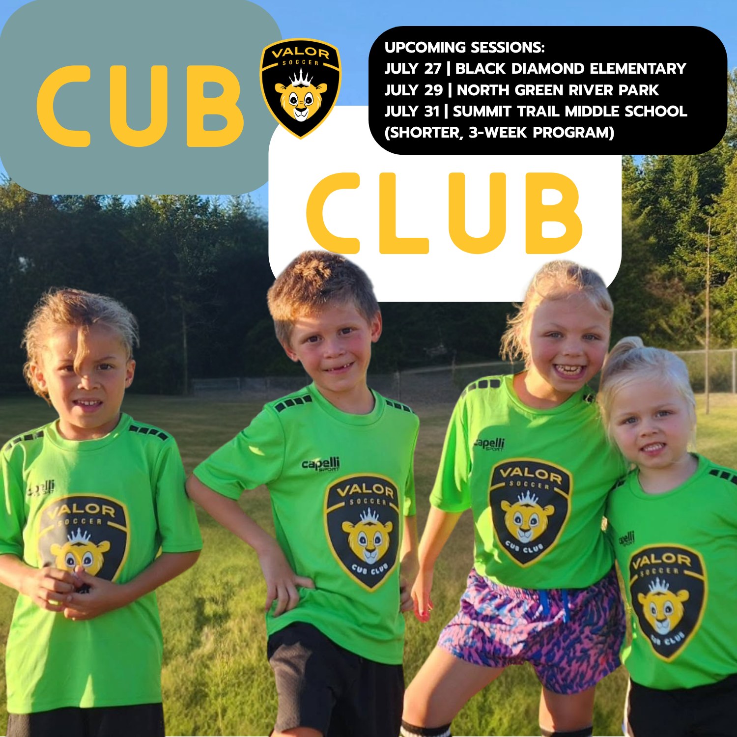 New Cub Club Adventures are right around the corner!
Designed for Pre-K โ 2nd grade players, our Animal Adventure program helps young athletes build confidence, develop foundational skills, and make new friends through imaginative games and play.
Choose the session that works best for your family:
Monday Package
Black Diamond Elementary
Starts July 27
Wednesday Package
North Green River Park
Starts July 29
Friday Package (3 Weeks)
Summit Trail Middle School
Starts July 31
Whether your child is kicking a soccer ball for the first time or ready for another adventure, Cub Club is the perfect place to learn, play, and have fun this summer. #WeAreValor #CubClub #YouthSoccer
For more information, or to register your player, click the camps & clinics link in our bio.