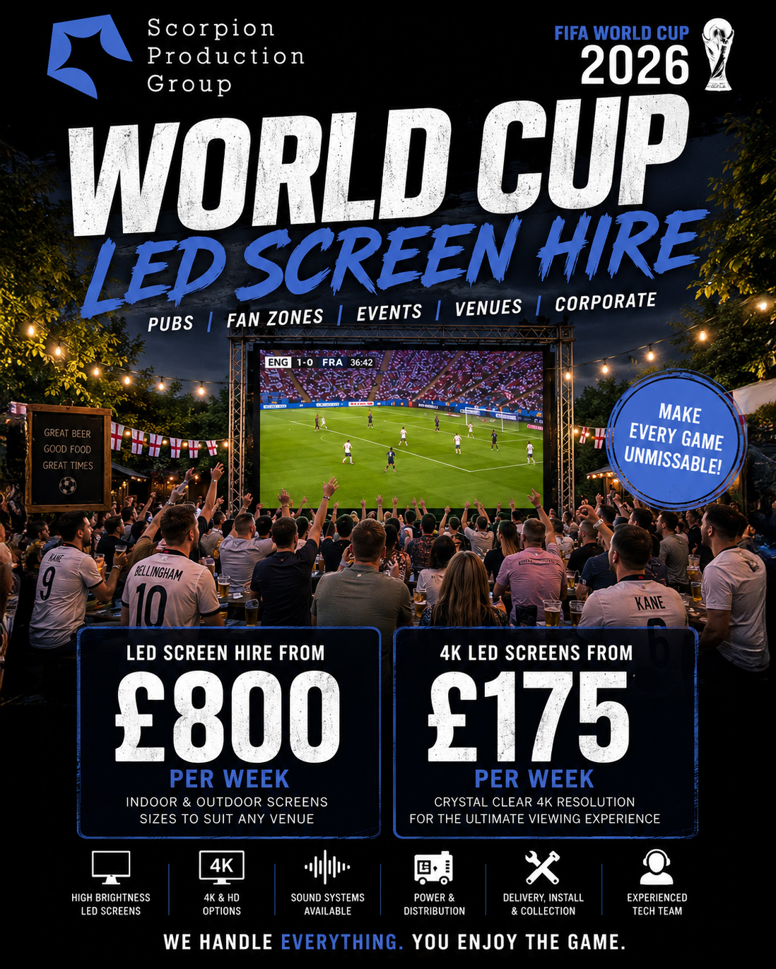 It's not too late to book our LED wall and large-format screen hire. We supply and install everything -- from intimate boardroom screens to large-scale outdoor LED walls capable of drawing a crowd.
Whether you're running a hospitality event, a corporate fan activation, or a public viewing space, we'll make sure every seat has the best view in the house.
Availability is limited. Get in touch today and we'll make it happen.
📧 hello@scorpionproductiongroup.co.uk
📞 +44 1283 712006
🌐 www.scorpionproductiongroup.co.uk
#LEDWallHire #ScreenHire #WorldCup2026 #EventProduction #ScorpionProductionGroup #AV #EventTech #CorporateEvents